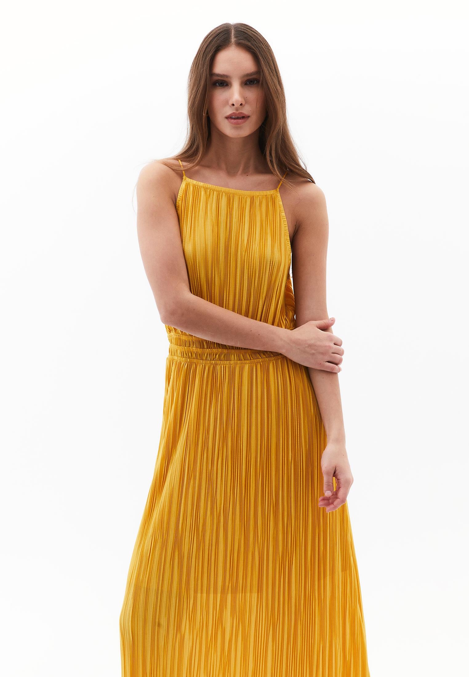 Halter Neck Long A-Line Dress - GOLDEN SPICE