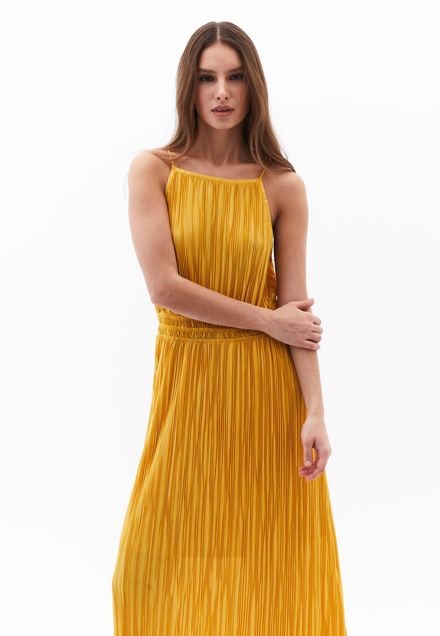Halter Neck Long A-Line Dress - GOLDEN SPICE