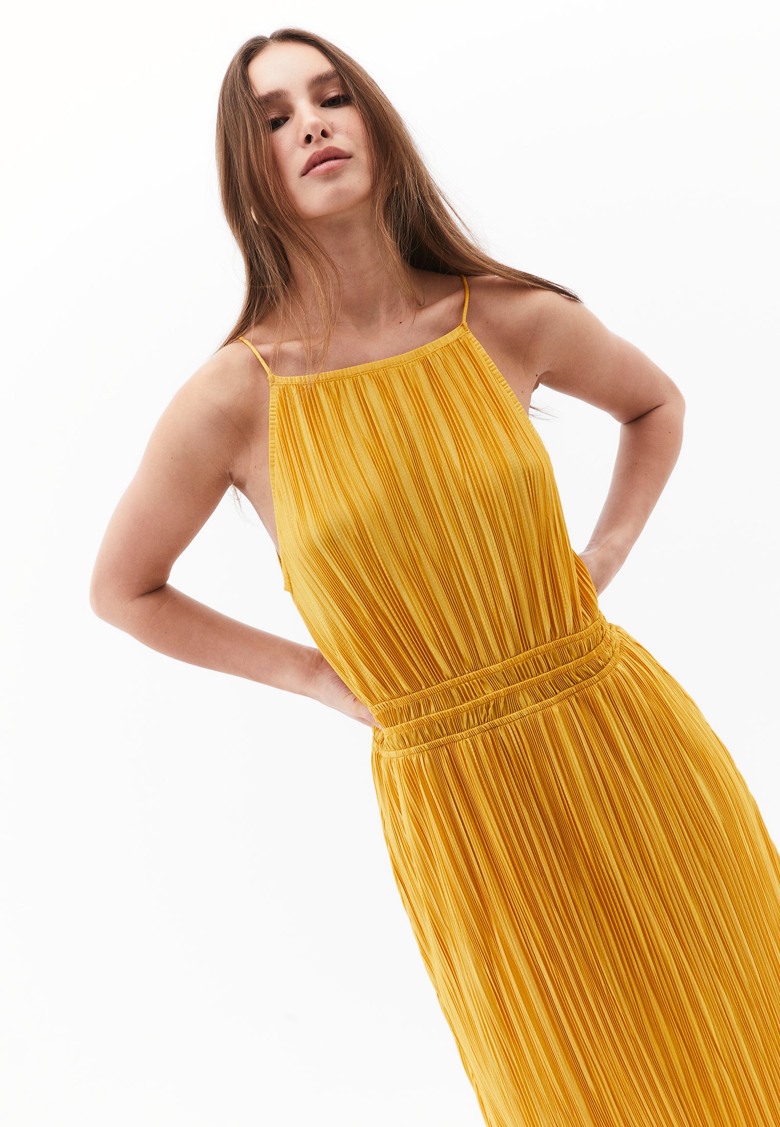 Halter Neck Long A-Line Dress - GOLDEN SPICE