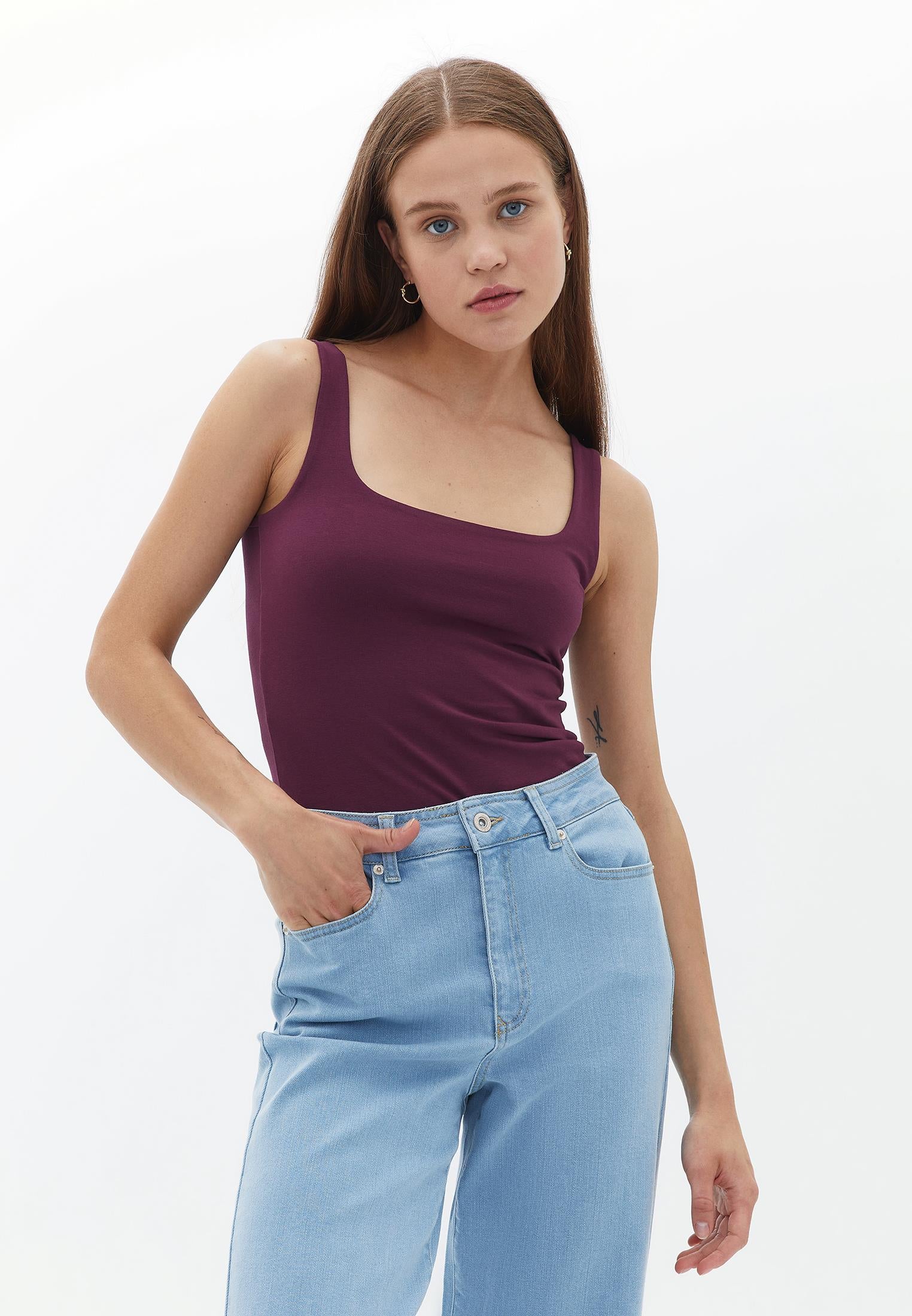 Square Neck Sleeveless Long Tank Top - GRAPE WINE