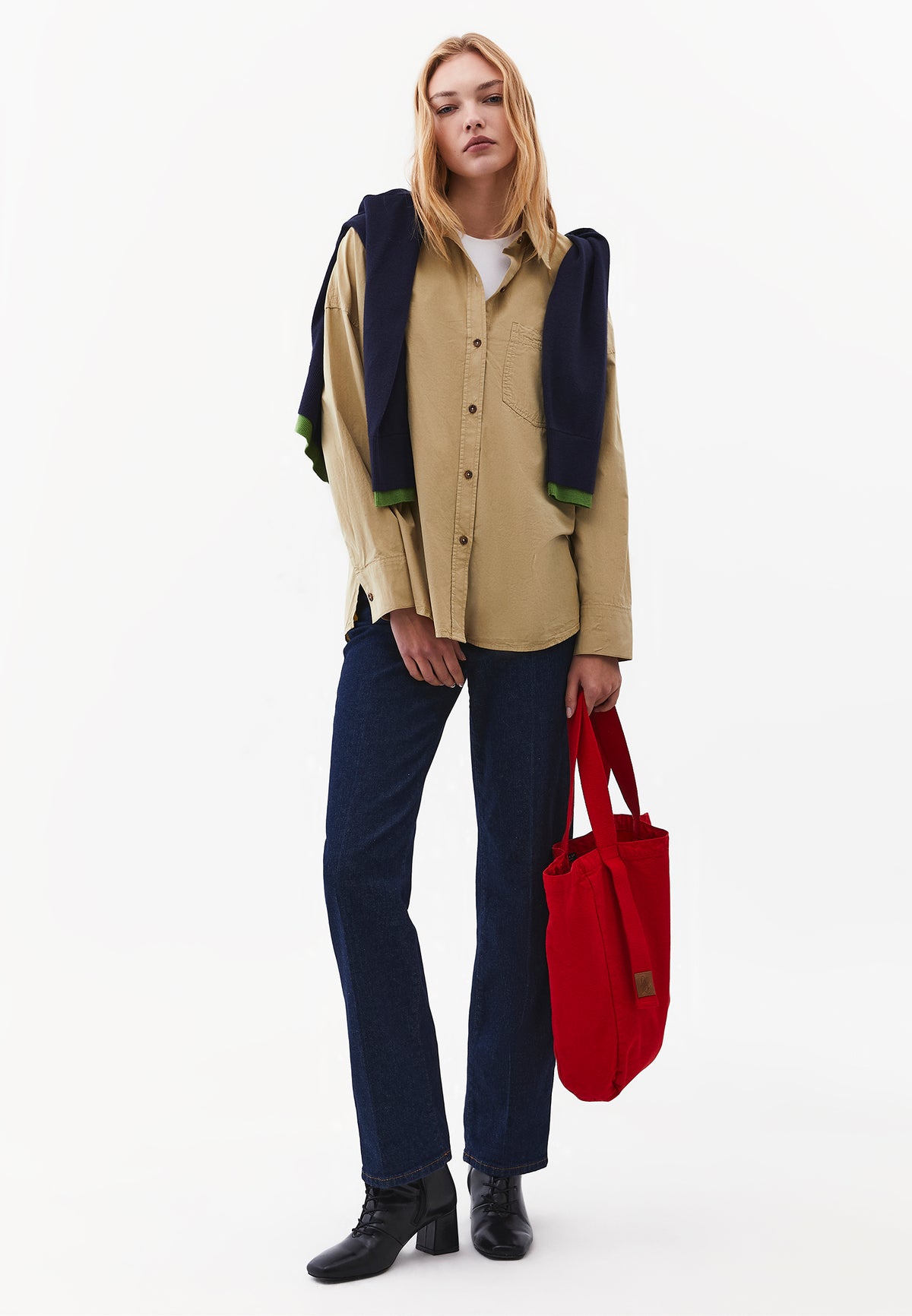 Oversized Long Sleeve Shirt with Pocket Detail - GRAY GREEN