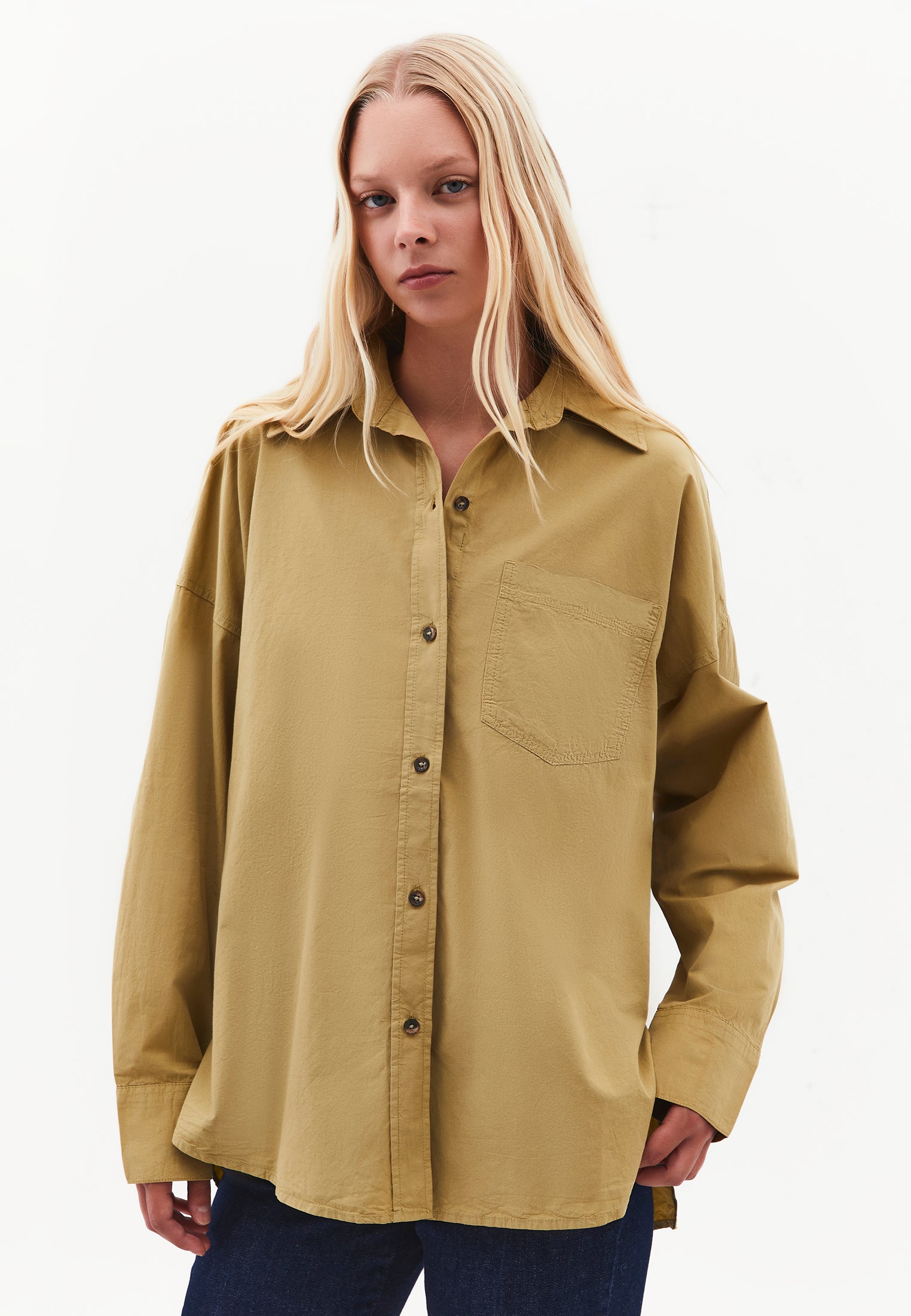 Oversized Long-Sleeve Shirt with Pocket Detail - GRAY GREEN