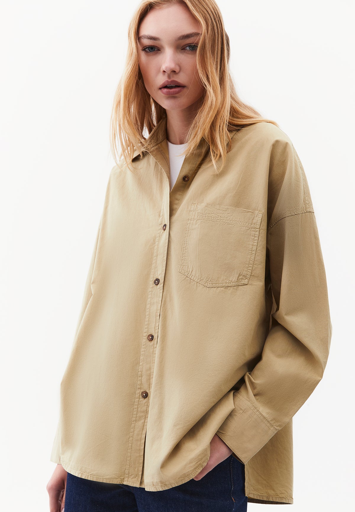 Oversized Long Sleeve Shirt with Pocket Detail - GRAY GREEN