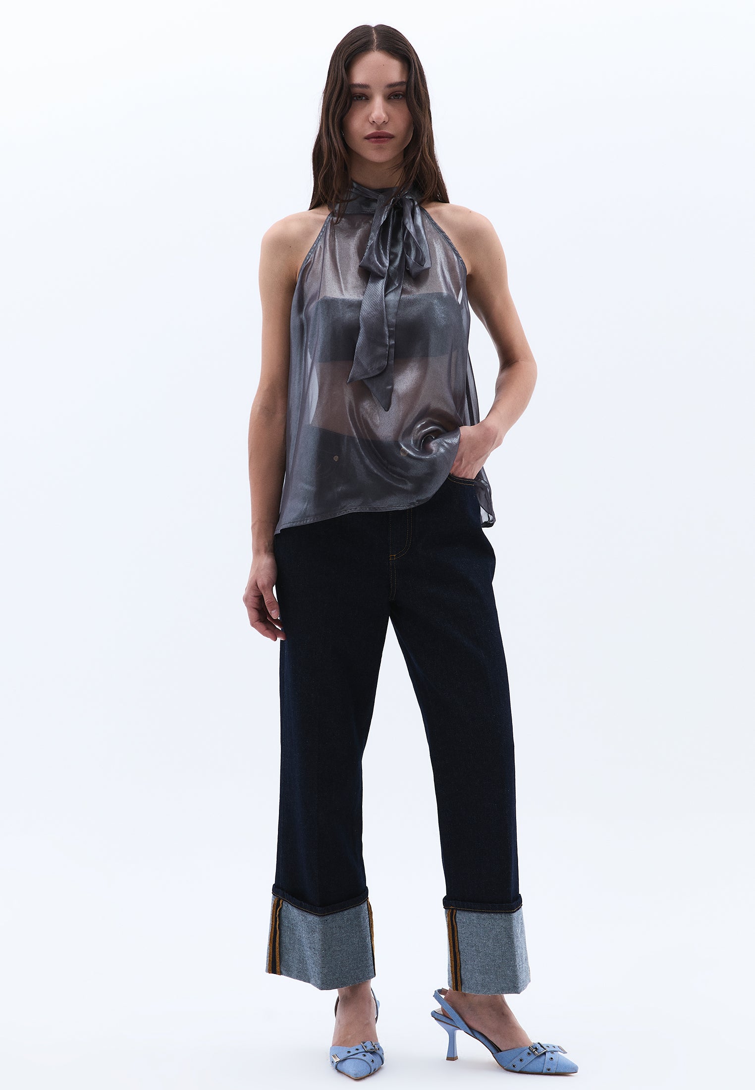 Shiny Halter Neck Blouse - GRAY PINSTRIPE
