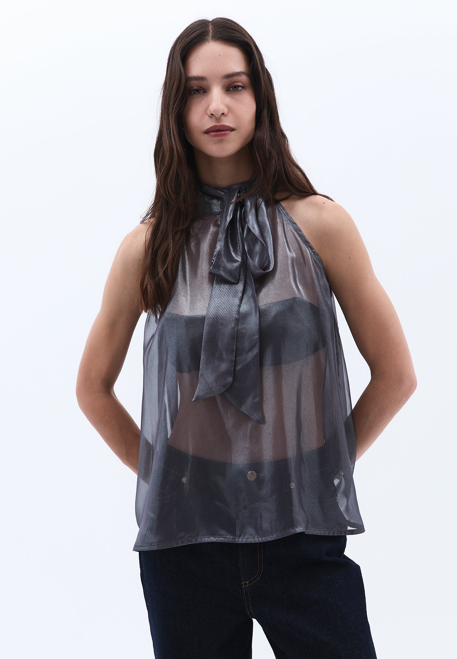 Shiny Halter Neck Blouse - GRAY PINSTRIPE