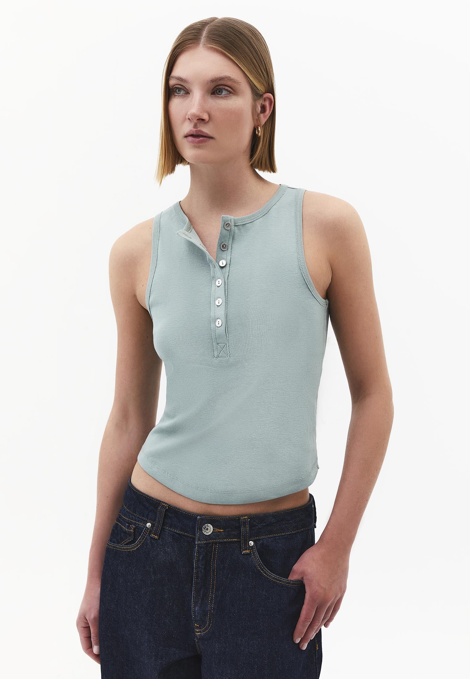 Crew Neck Button Detailed Tank Top - GREEN MILIEU