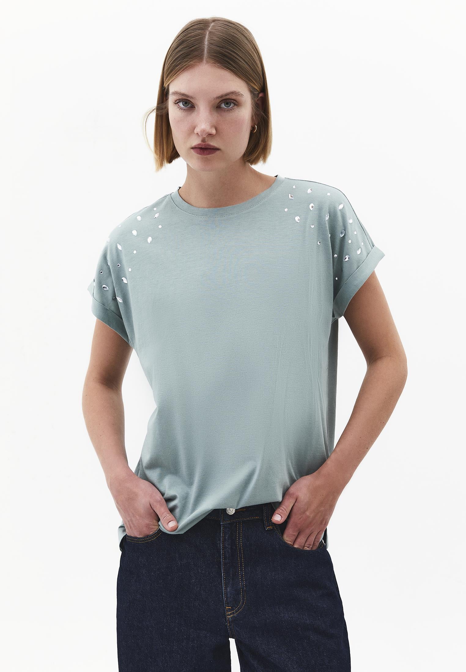 Rivet Detailed Boat Neck Short Sleeve T-Shirt - GREEN MILIEU