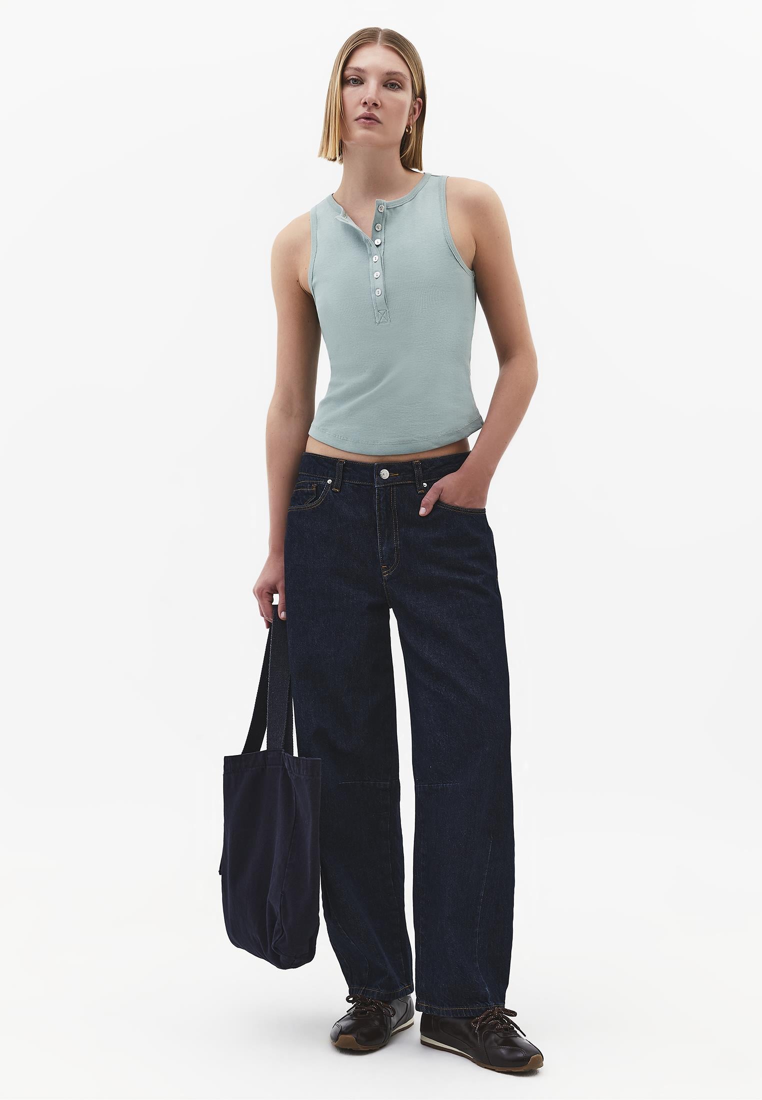 Crew Neck Button Detailed Tank Top - GREEN MILIEU