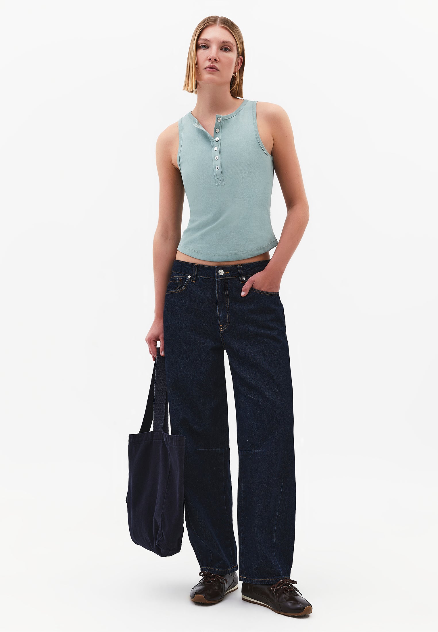 Crew Neck Button Detailed Tank Top - GREEN MILIEU