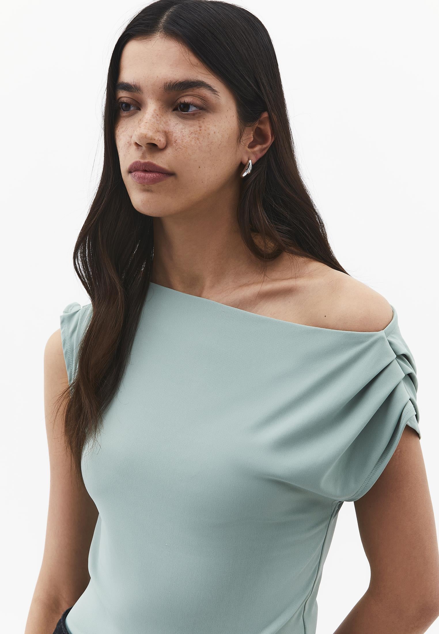 Boat Neck Short Sleeve Blouse - GREEN MILIEU