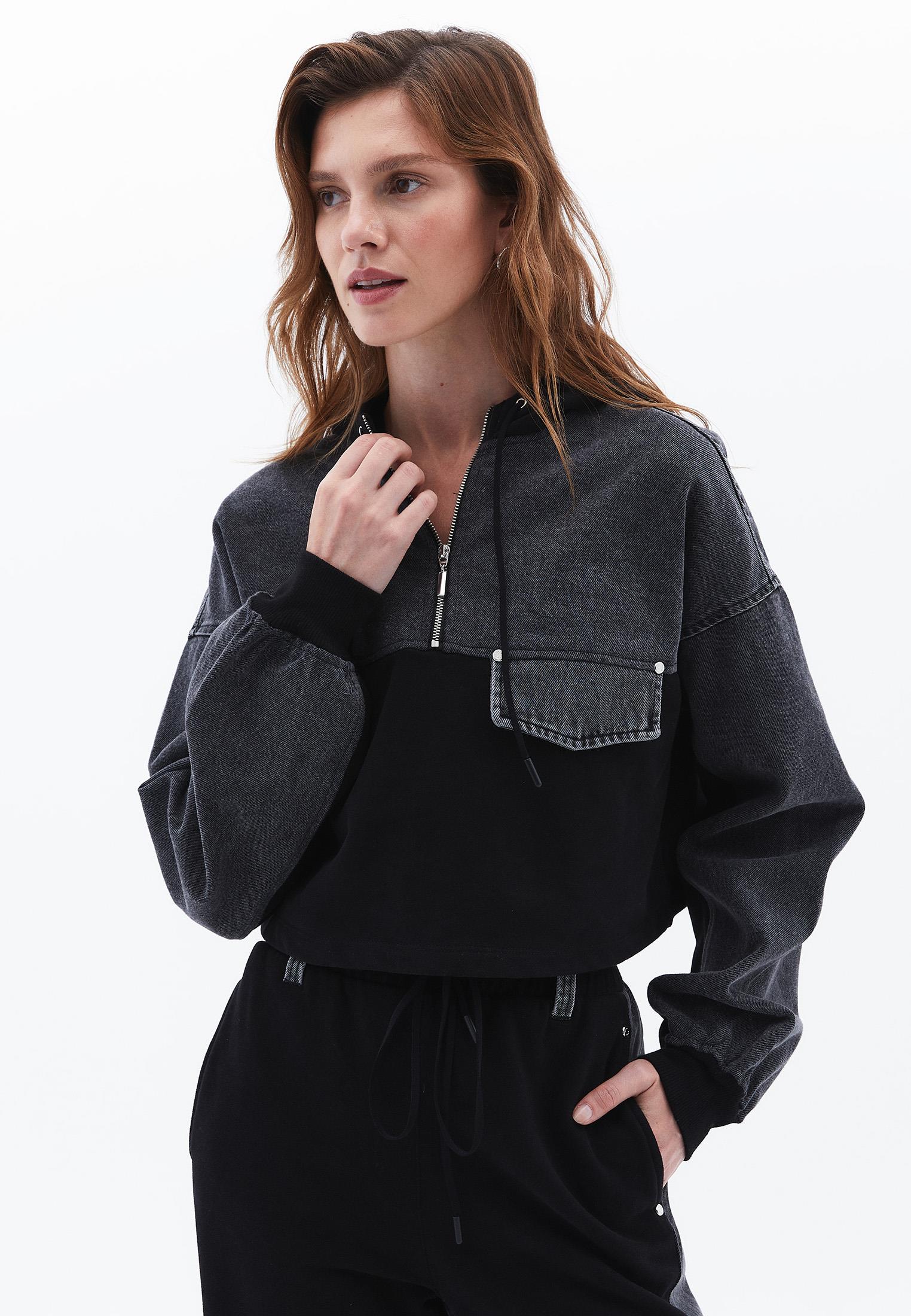 Asymmetric Oversize Cropped Sweatshirt - GREY DENIM