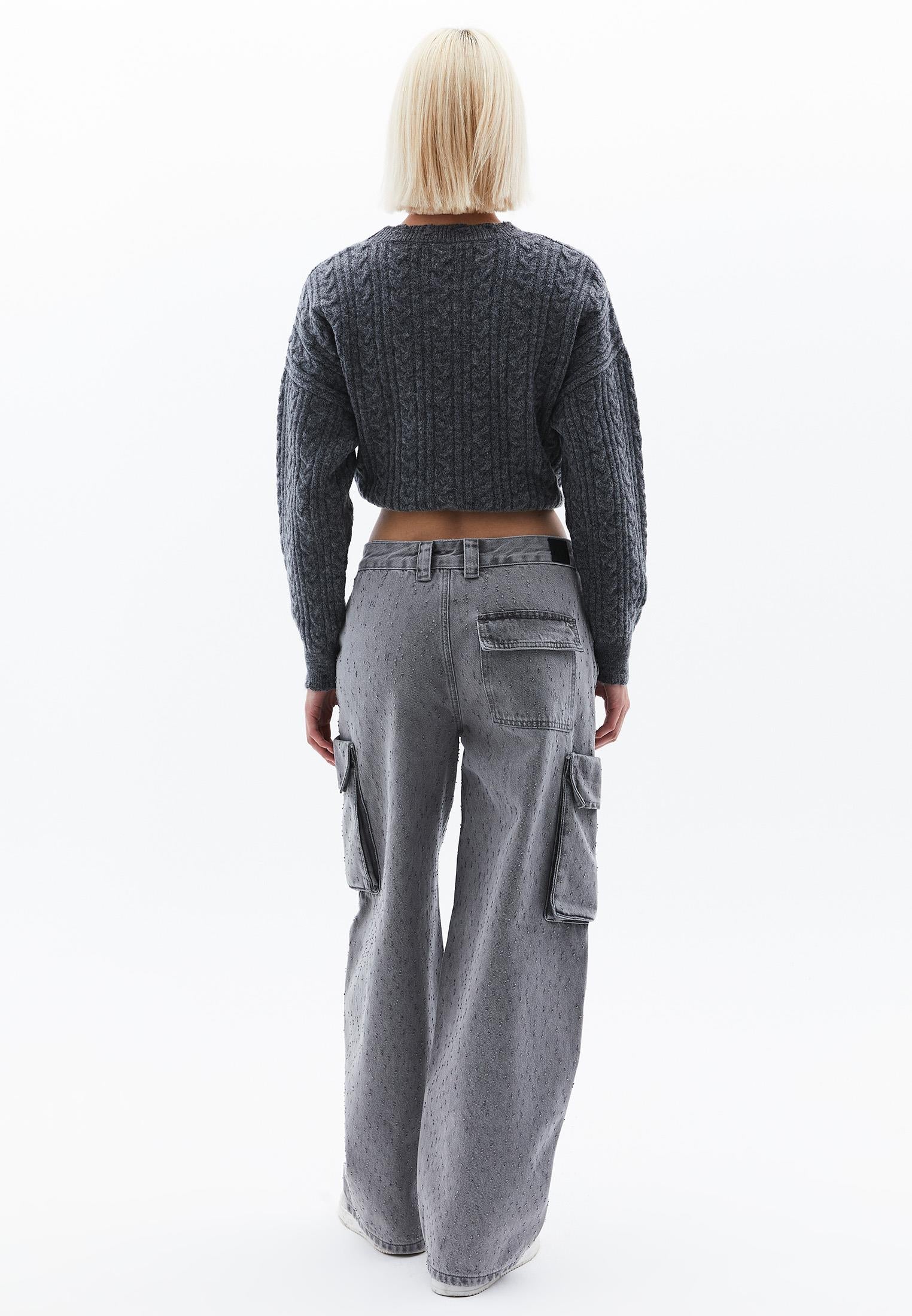 Skater Low Waist Wide Leg Pants - GREY DENIM