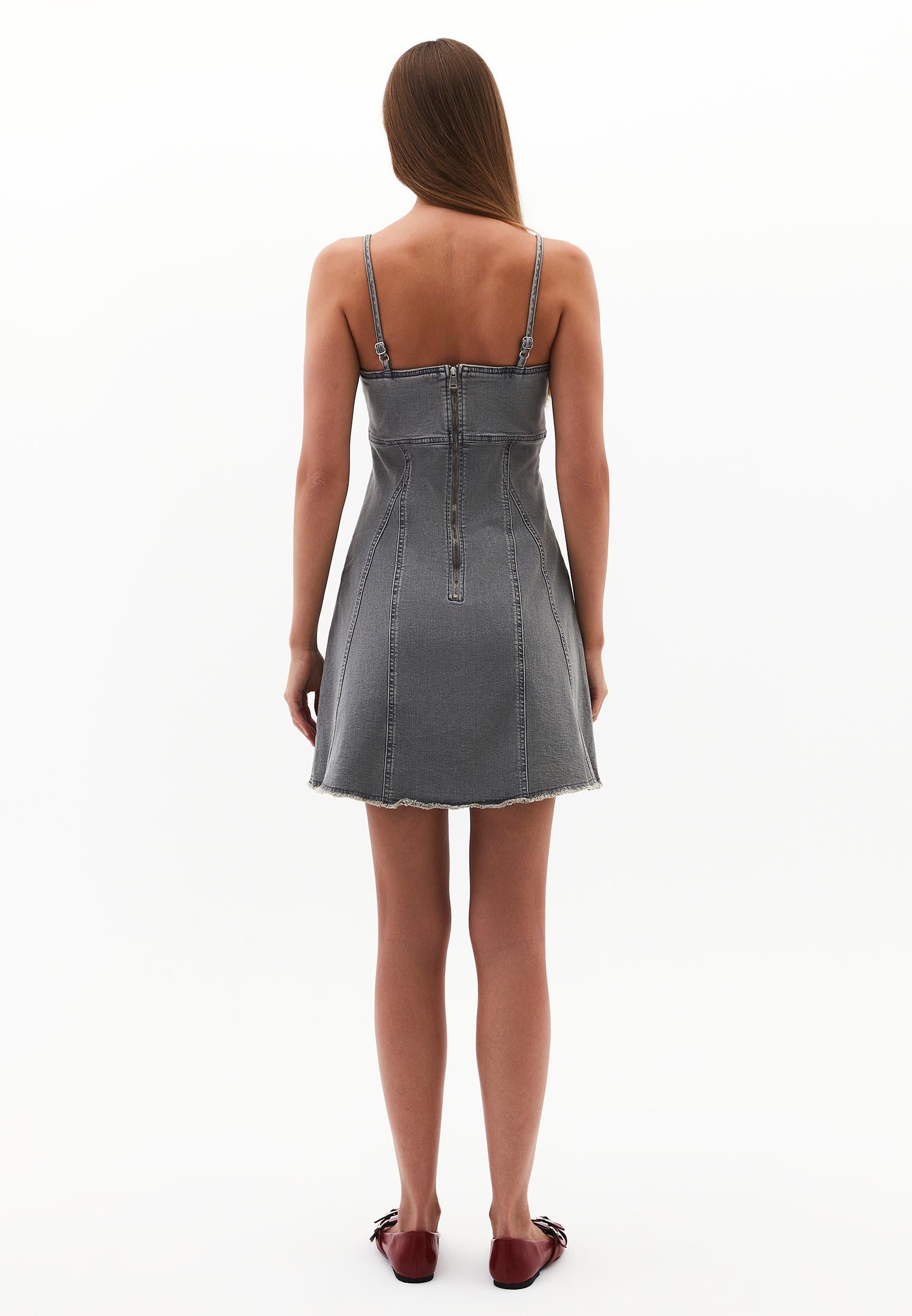 Square Neck Riveted Short Denim Dress - GREY DENIM
