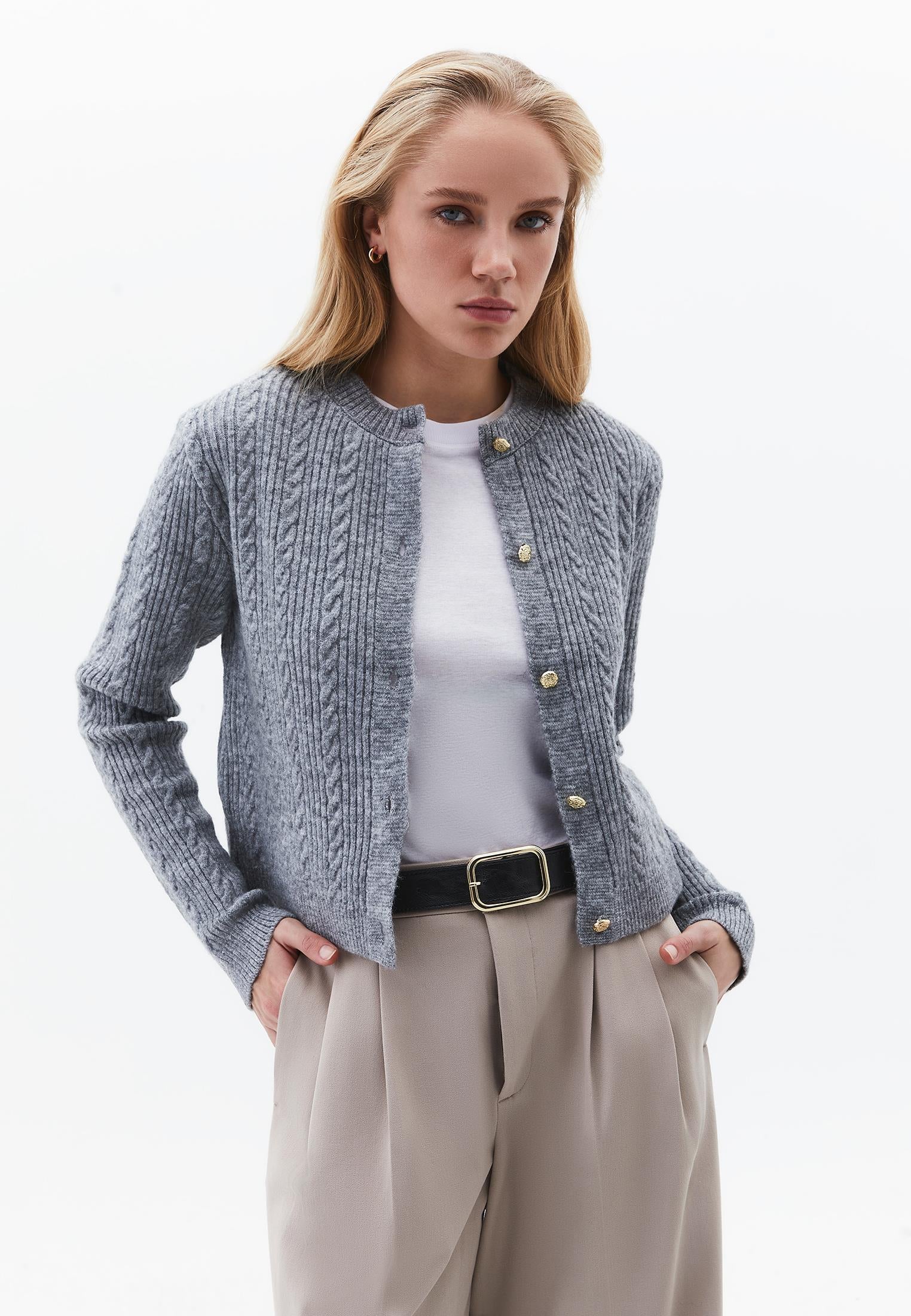 Crew Neck Cardigan With Knit Details - GREY MELANGE
