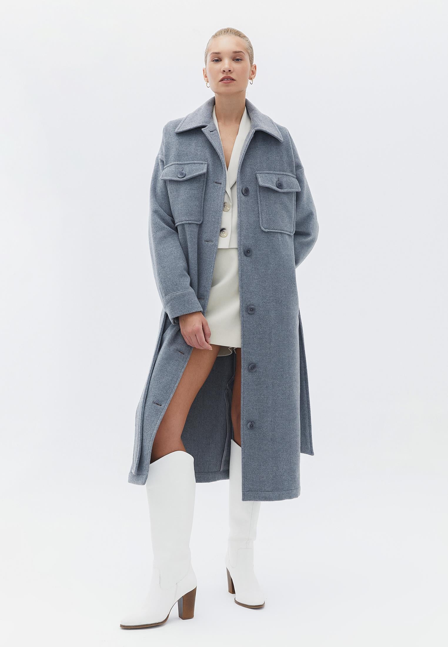 Long Loose Coat With Shirt Collar - GREY MELANGE