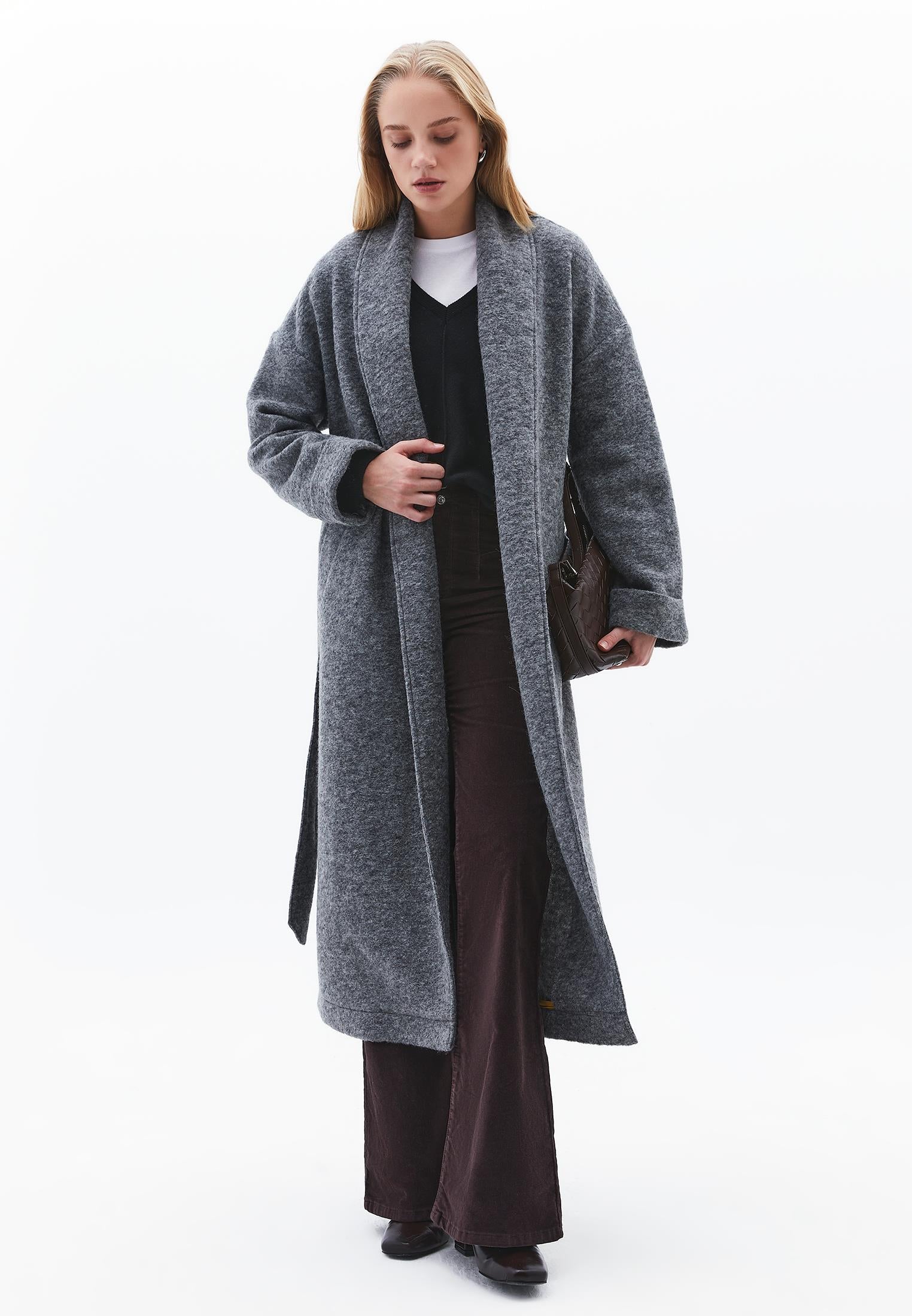 Long Coat With Shawl Collar And Belt Detail - GREY MELANGE