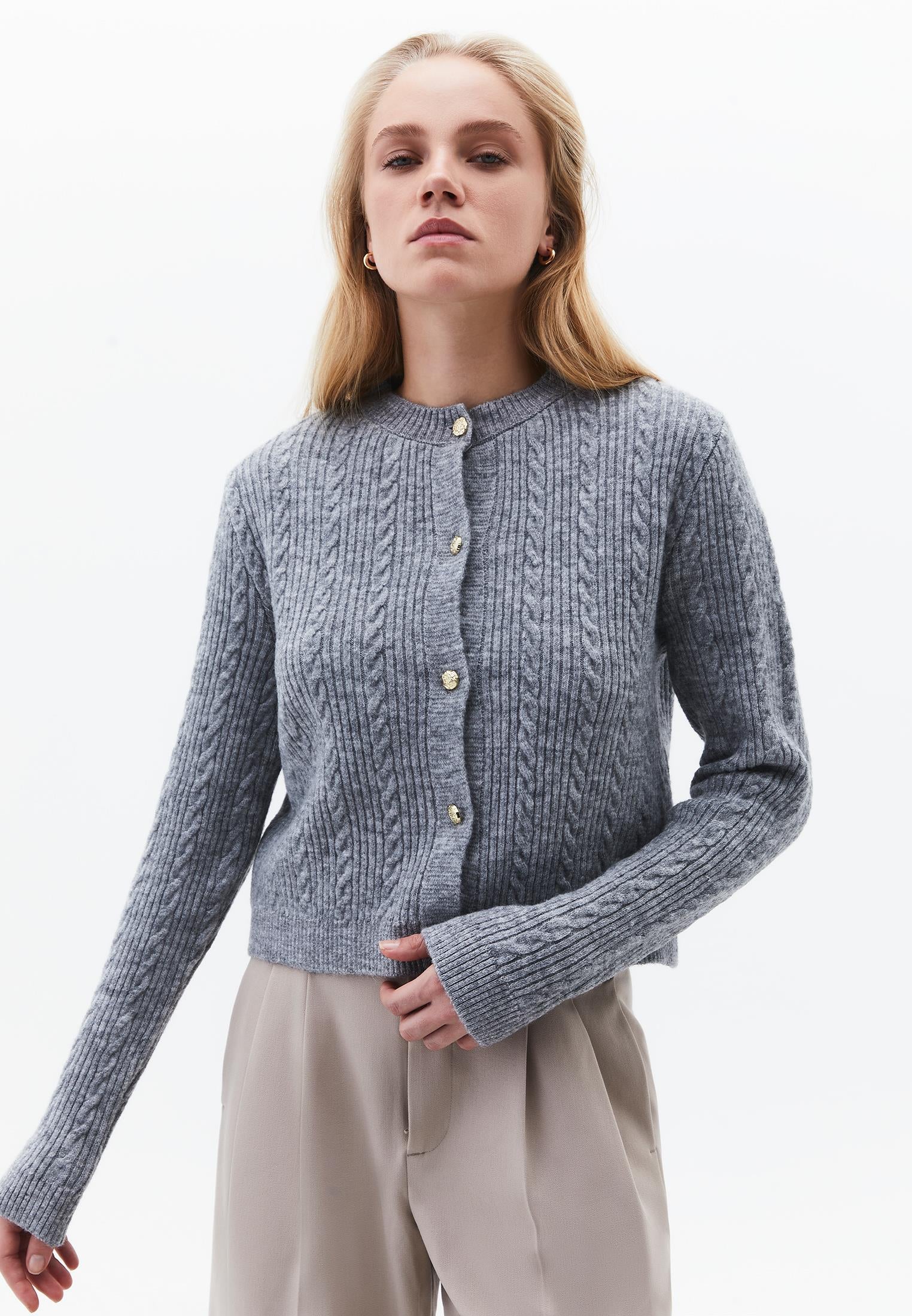 Crew Neck Cardigan With Knit Details - GREY MELANGE