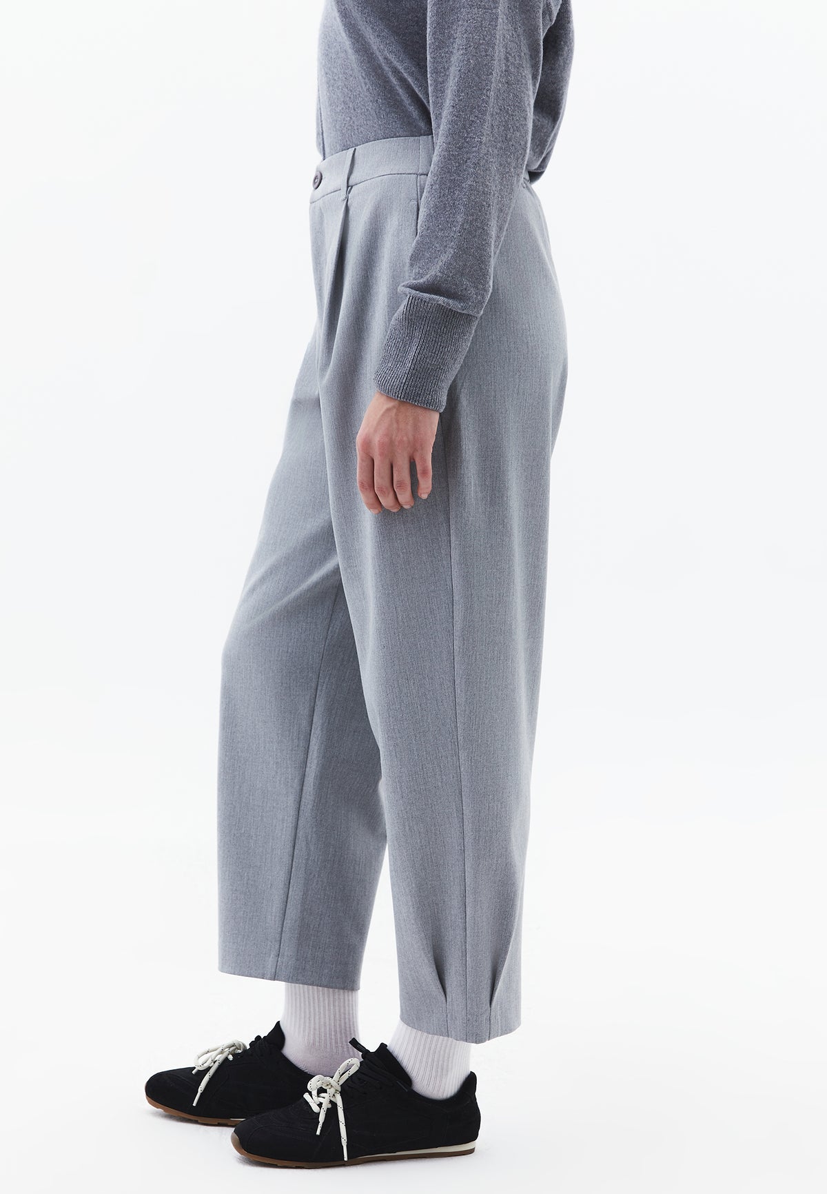 Balloon Form Pleated Carrot Leg Pants - GREY MELANGE