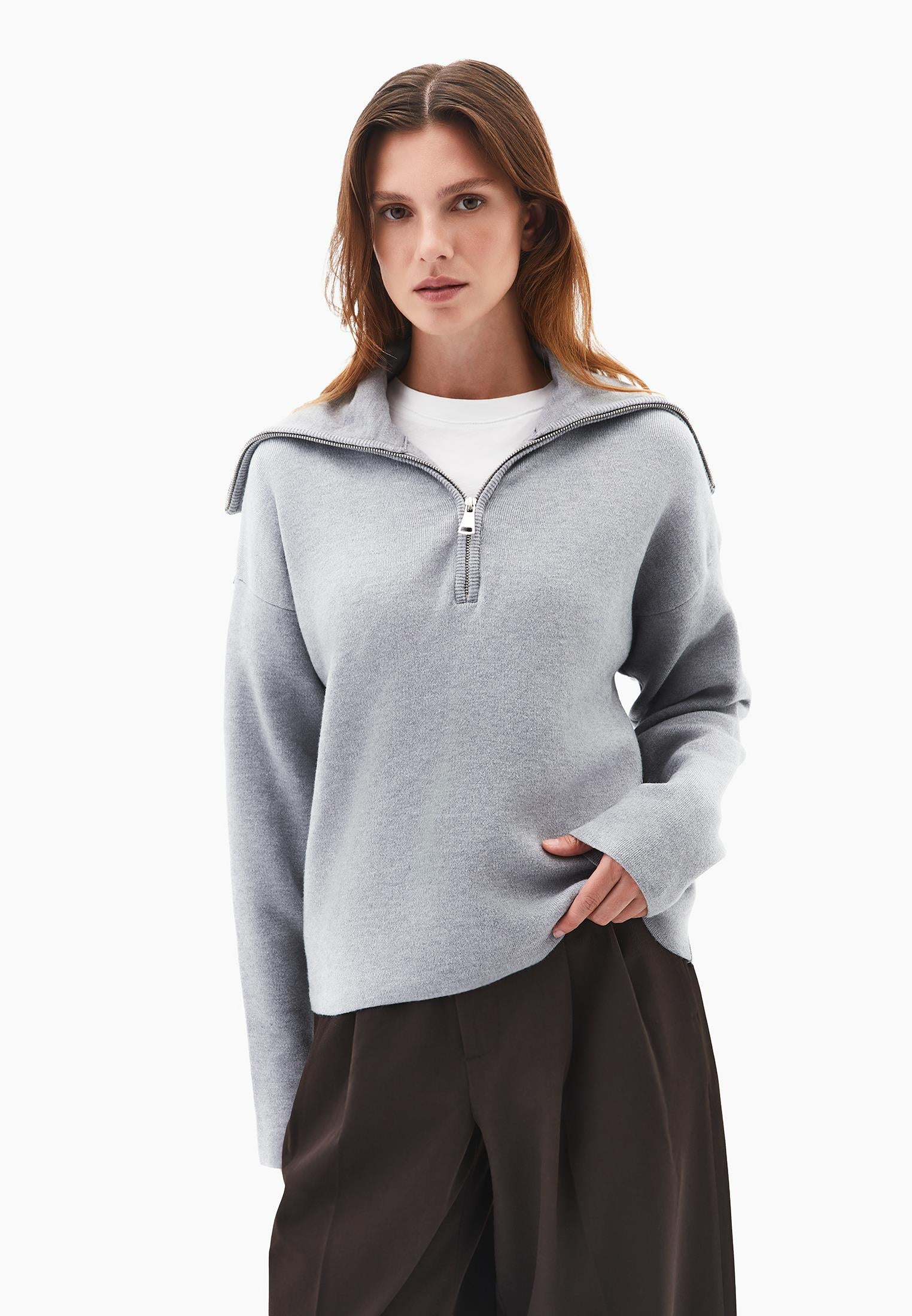 Polo Neck Viscose Sweater - GREY MELANGE