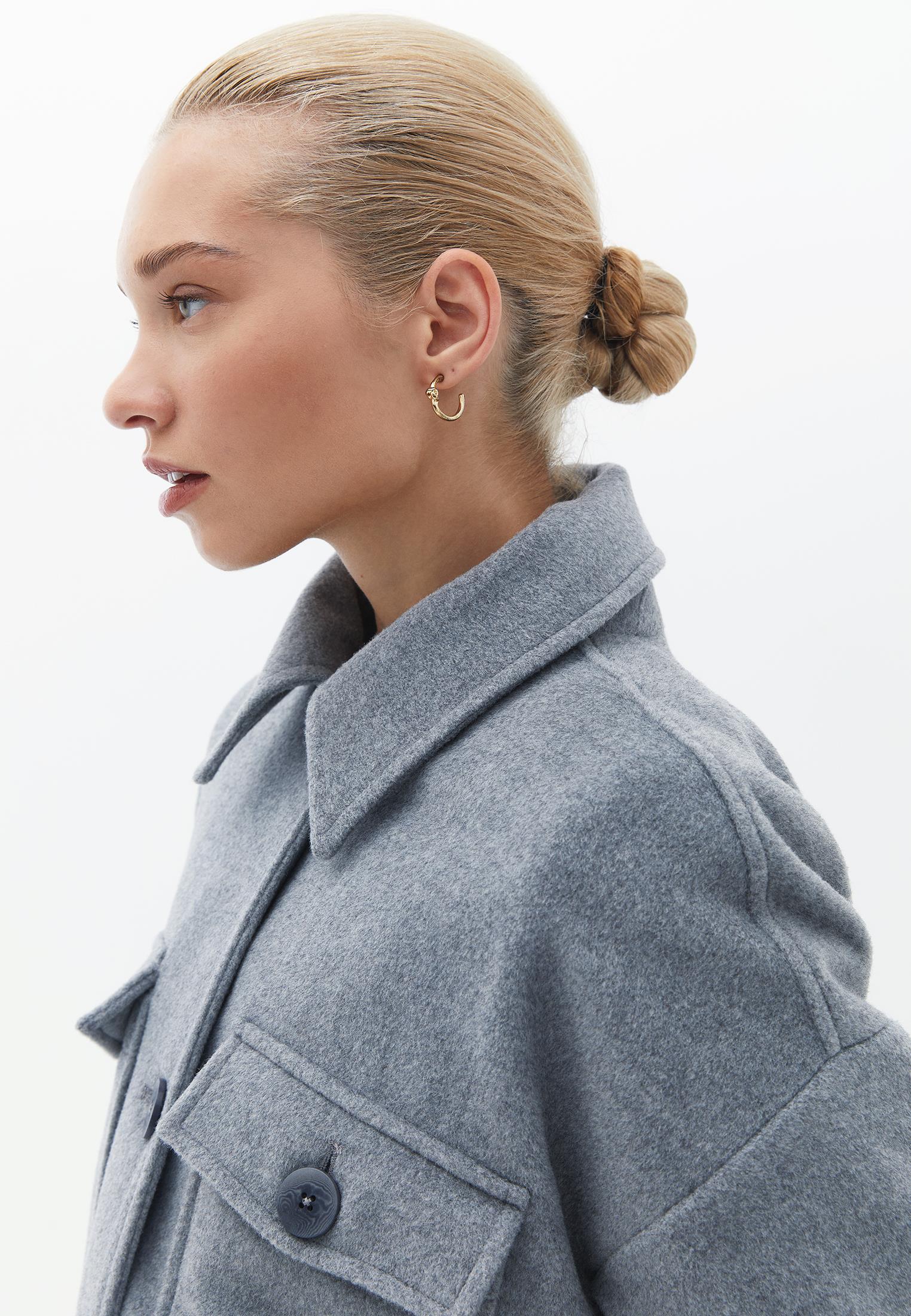 Long Loose Coat With Shirt Collar - GREY MELANGE
