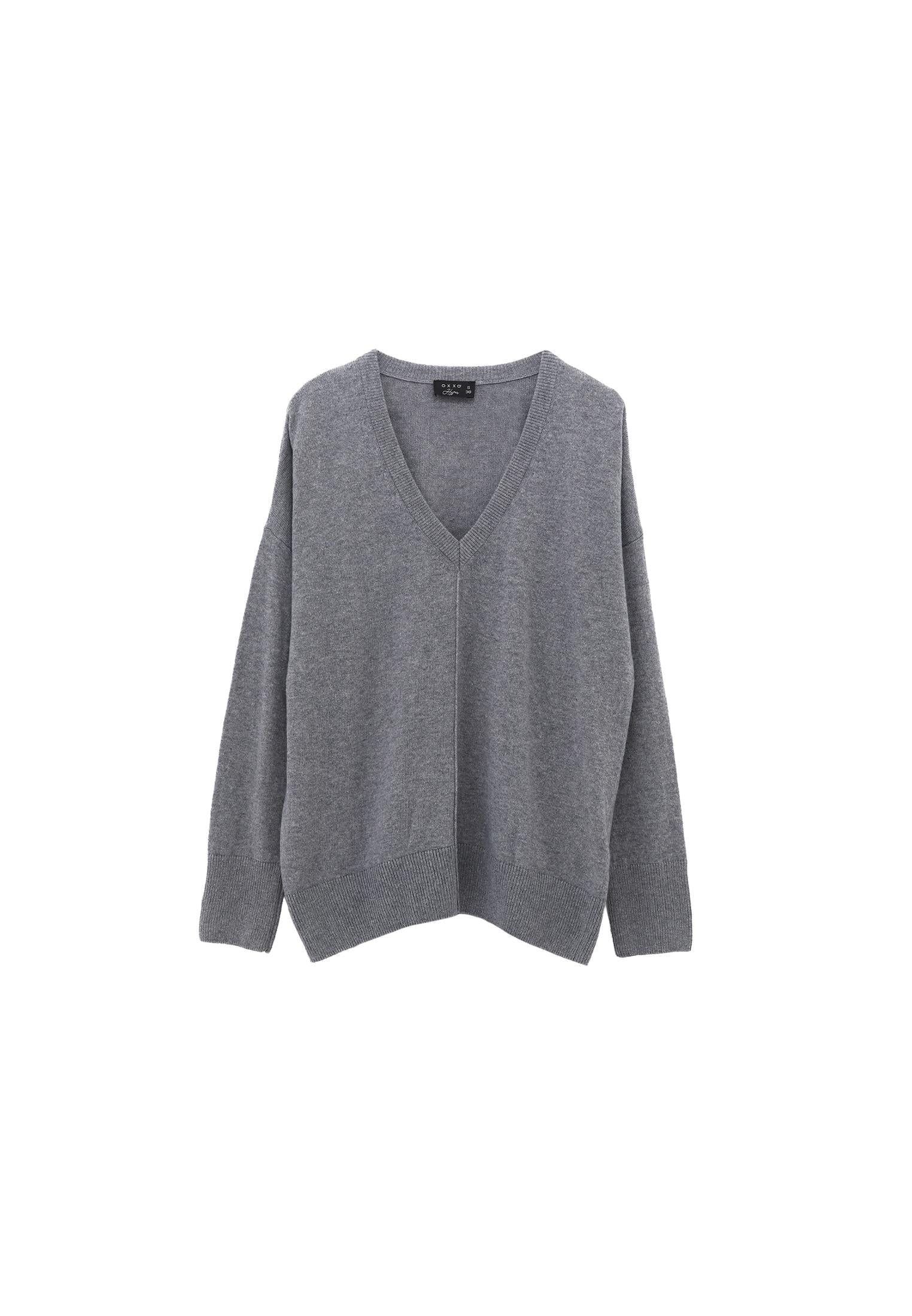 Long V-Neck Knit Sweater With Cashmere Blend - GREY MELANGE