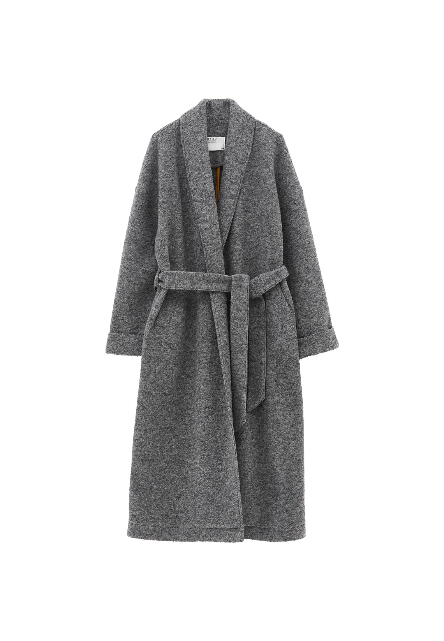 Long Coat With Shawl Collar And Belt Detail - GREY MELANGE