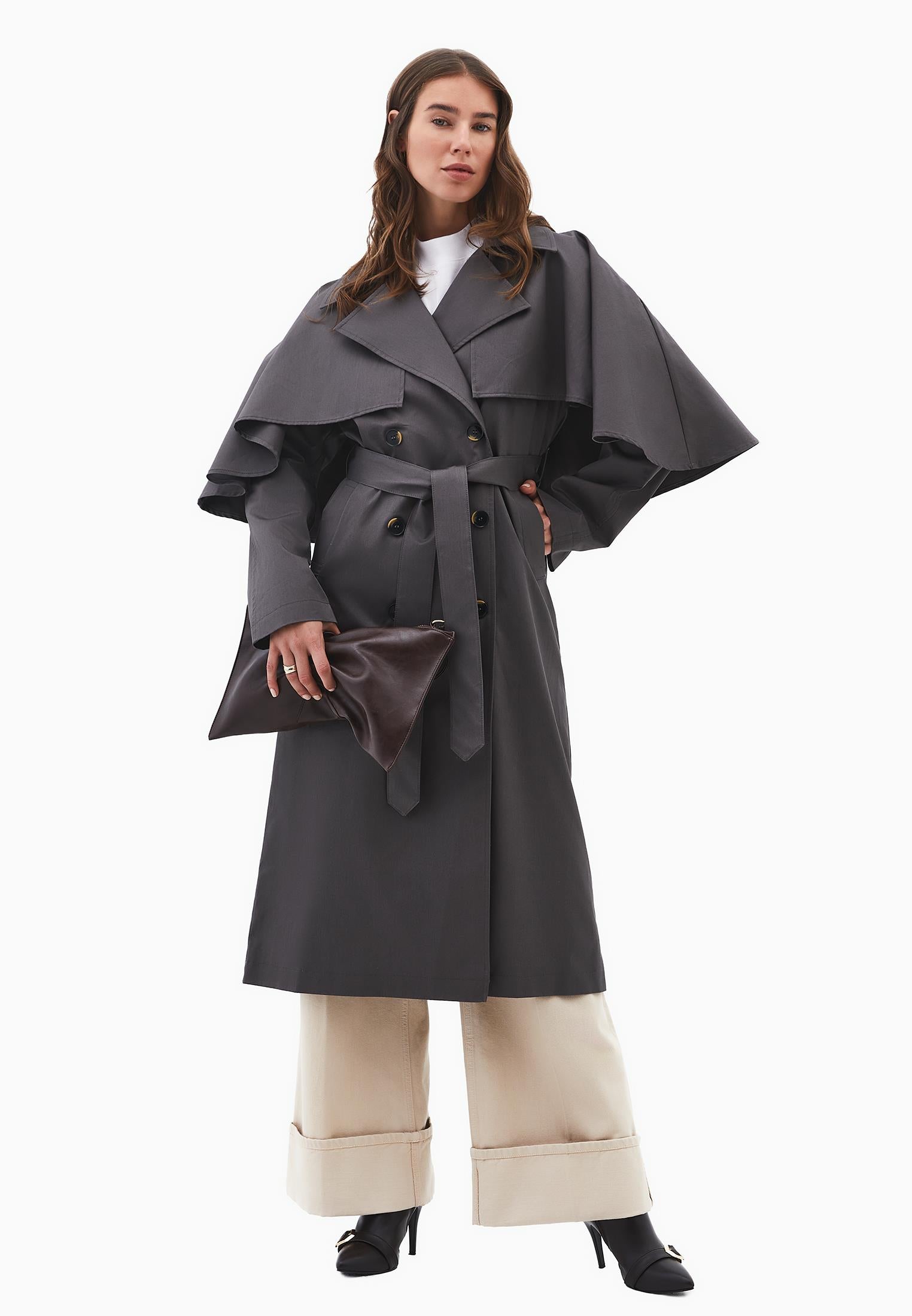 Trench Coat With Belt And Slit Details - GUN METAL