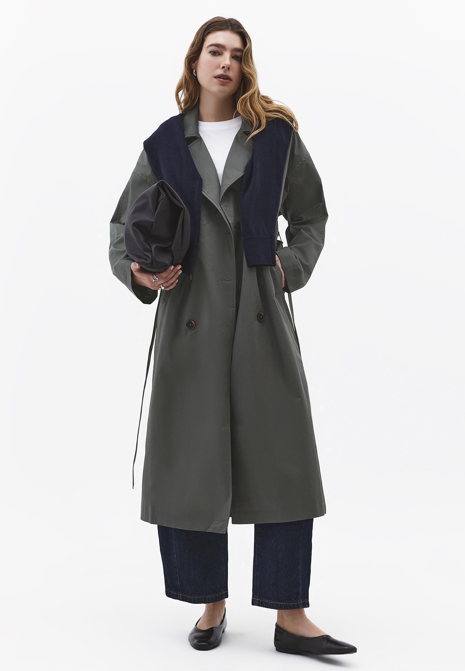 Double Breasted Collar Long Trench Coat With Belt Detail - GUN METAL