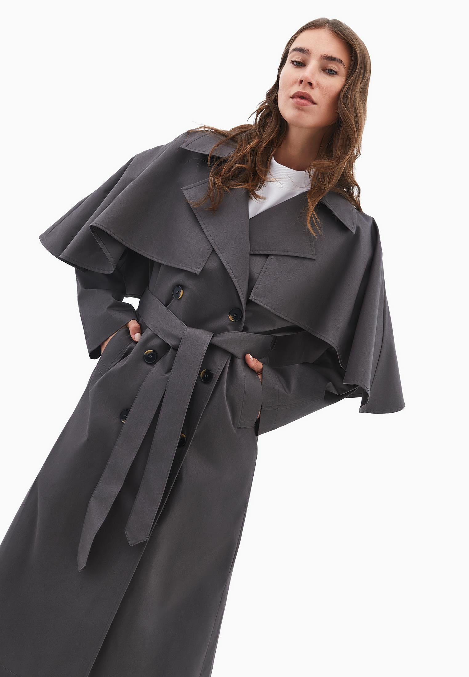 Trench Coat With Belt And Slit Details - GUN METAL