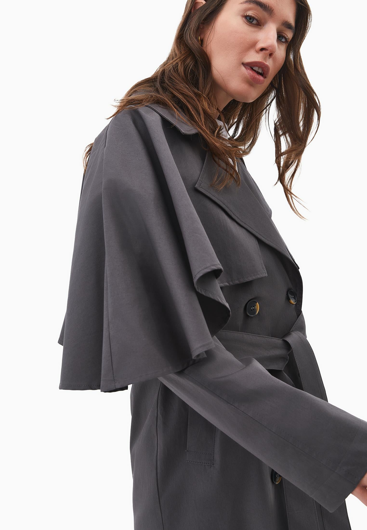 Trench Coat With Belt And Slit Details - GUN METAL