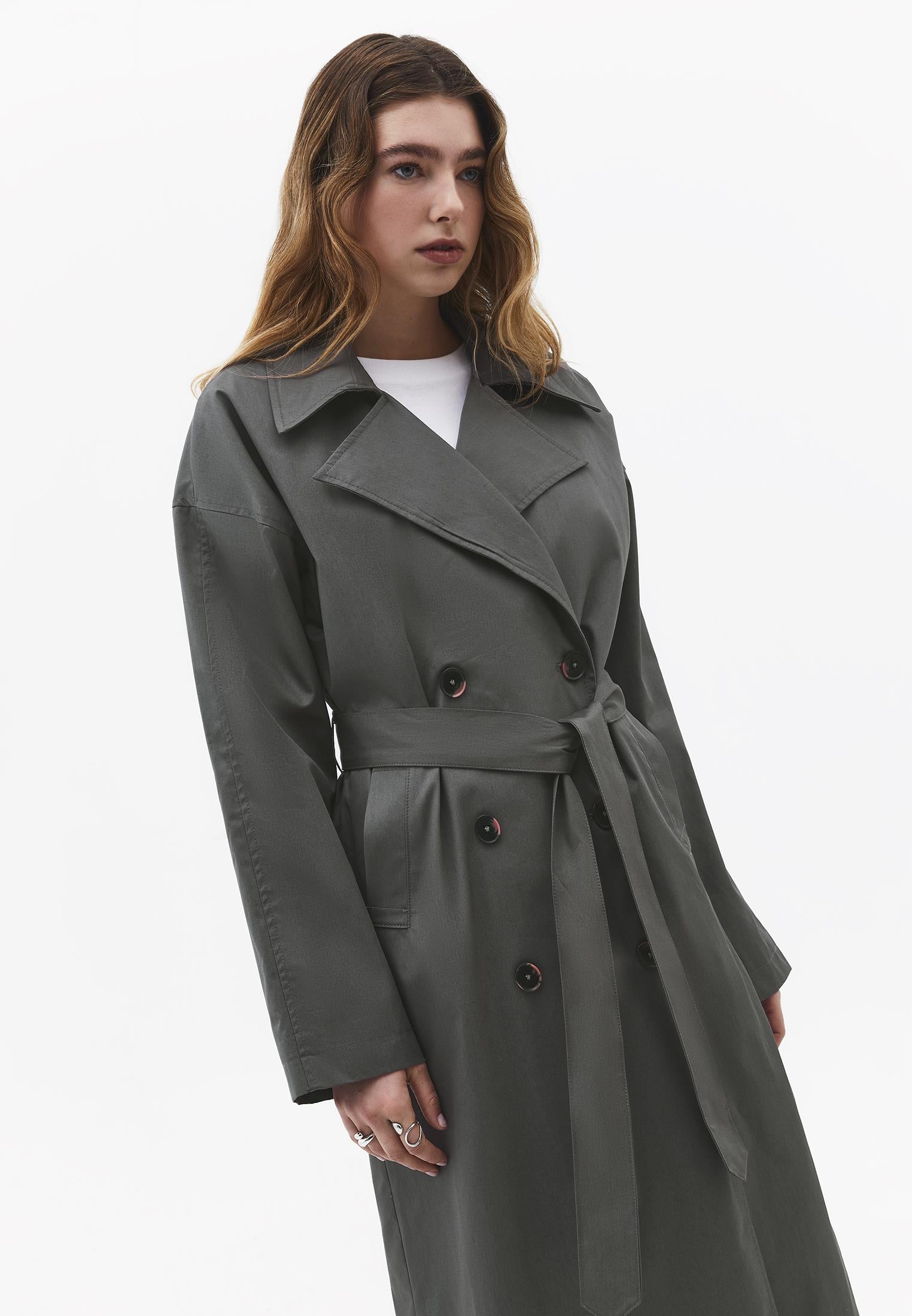 Double Breasted Collar Long Trench Coat With Belt Detail - GUN METAL