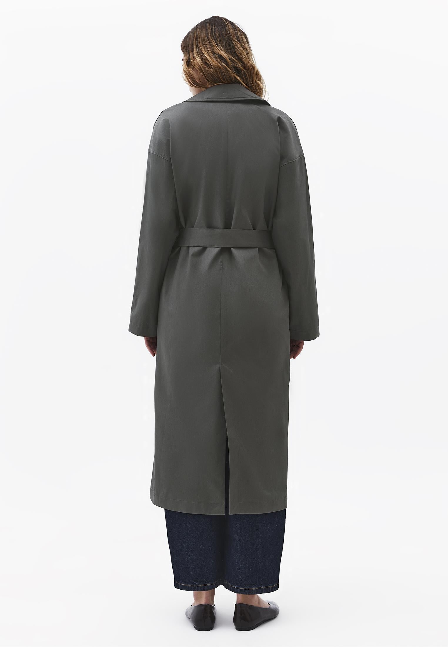 Double Breasted Collar Long Trench Coat With Belt Detail - GUN METAL