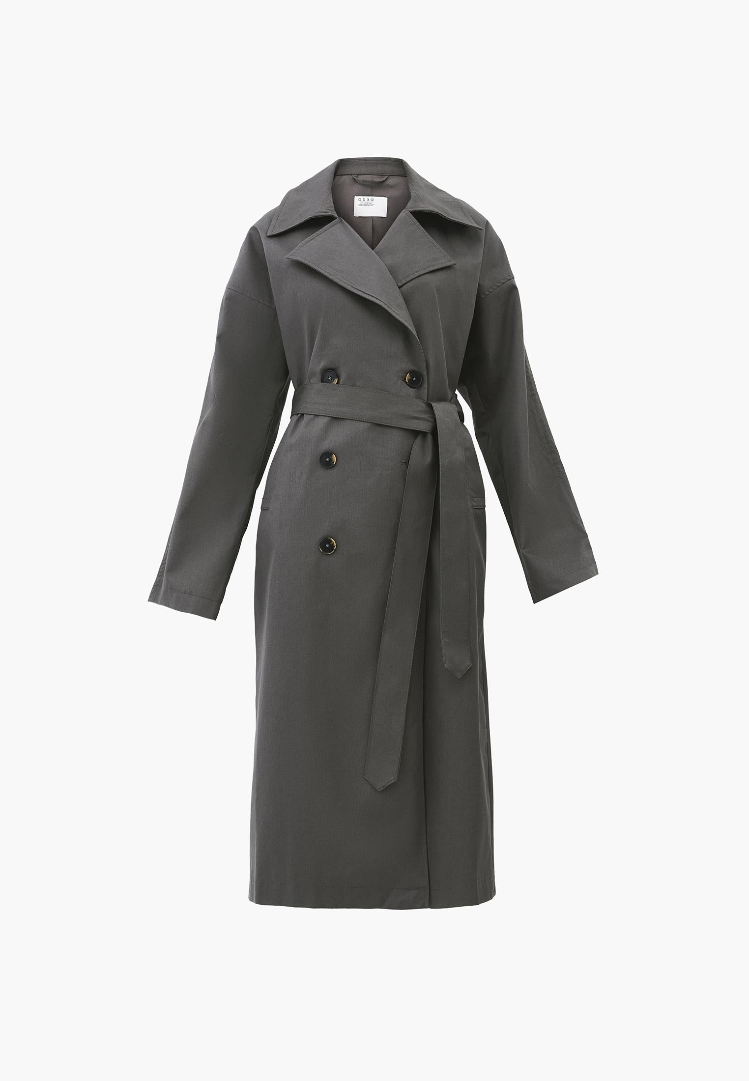 Double Breasted Collar Long Trench Coat With Belt Detail - GUN METAL