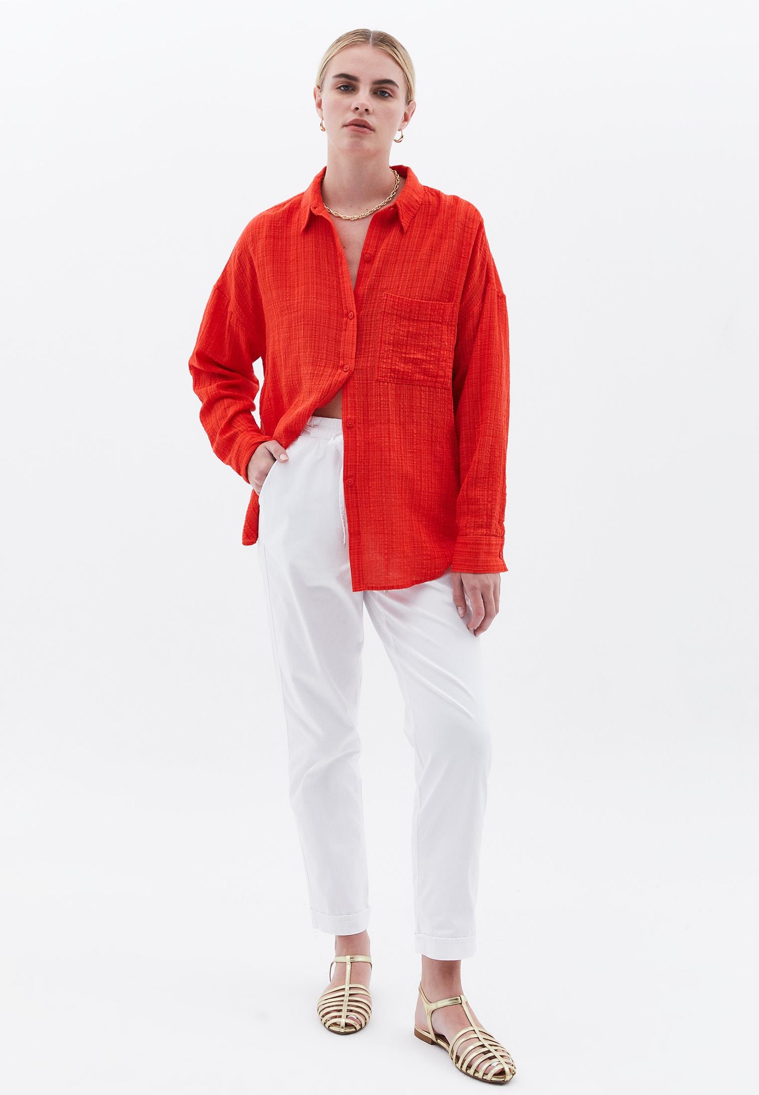 Oversize Long Sleeve Shirt With Pocket Detail - HIGH RED