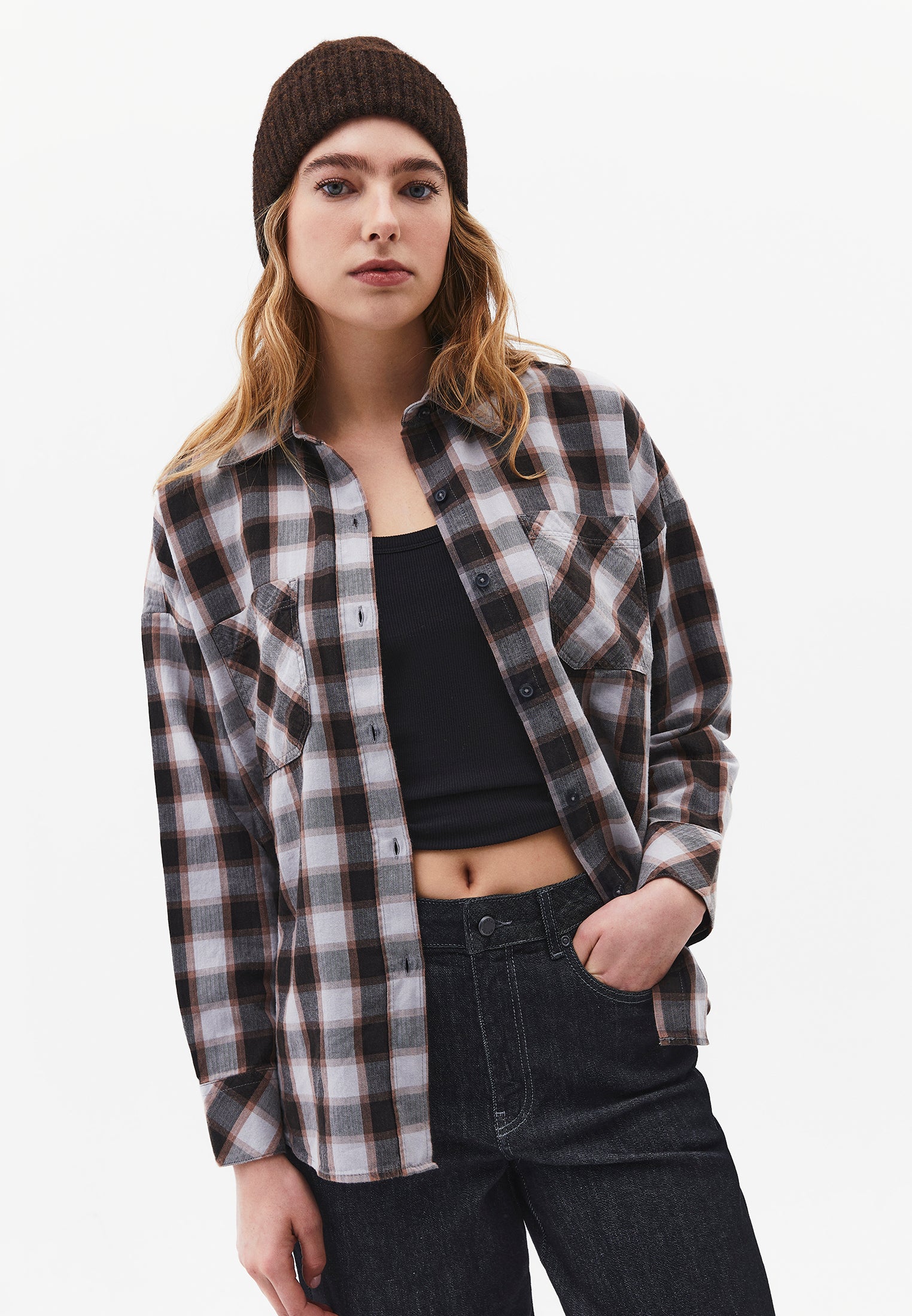 Oversize Short Shirt Collar Long Sleeve Shirt - HONEYSUCKLE CHECK