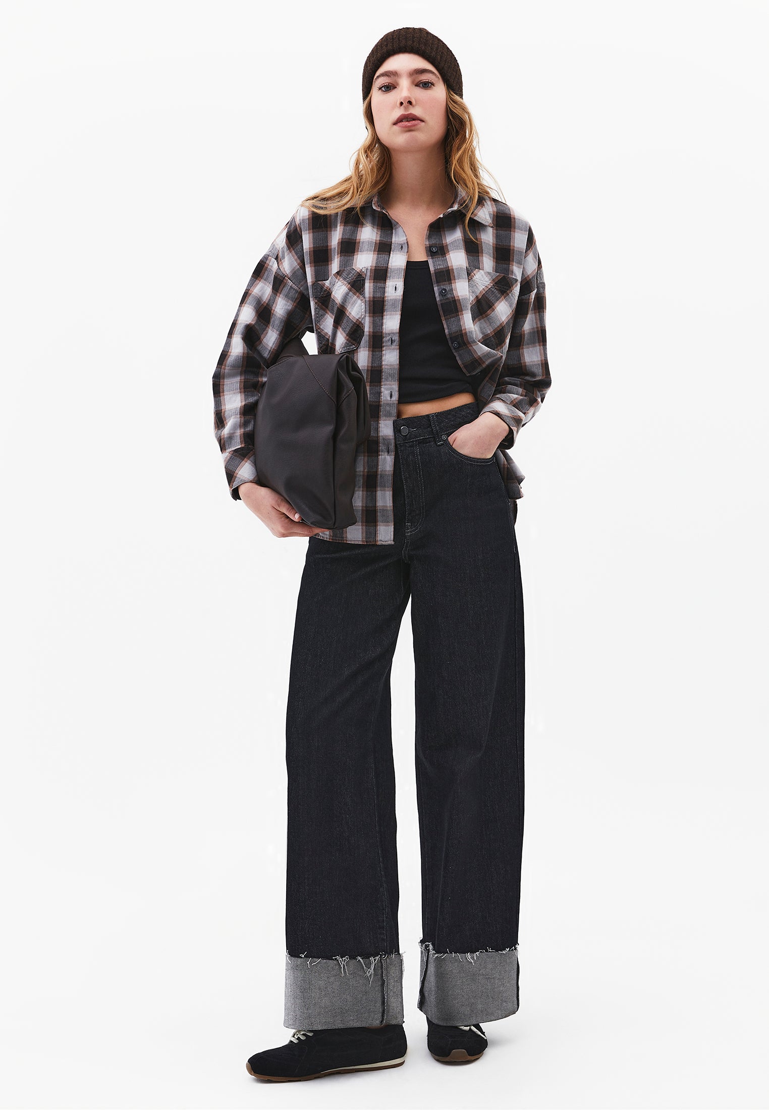 Oversize Short Shirt Collar Long Sleeve Shirt - HONEYSUCKLE CHECK