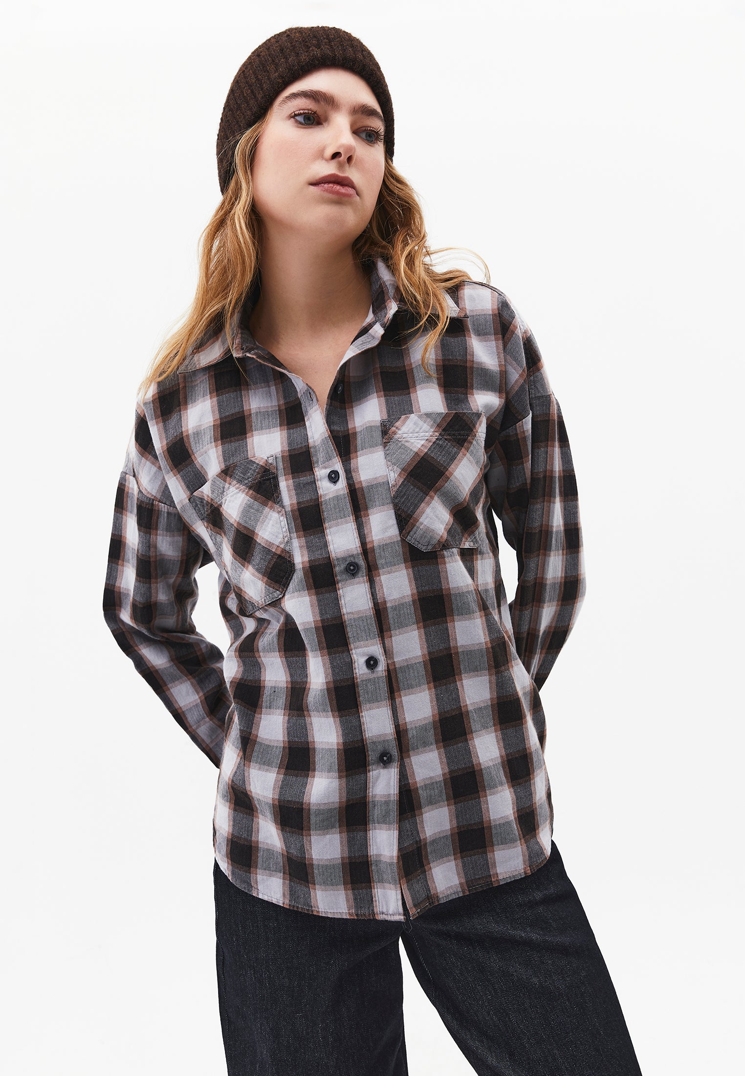 Oversize Short Shirt Collar Long Sleeve Shirt - HONEYSUCKLE CHECK