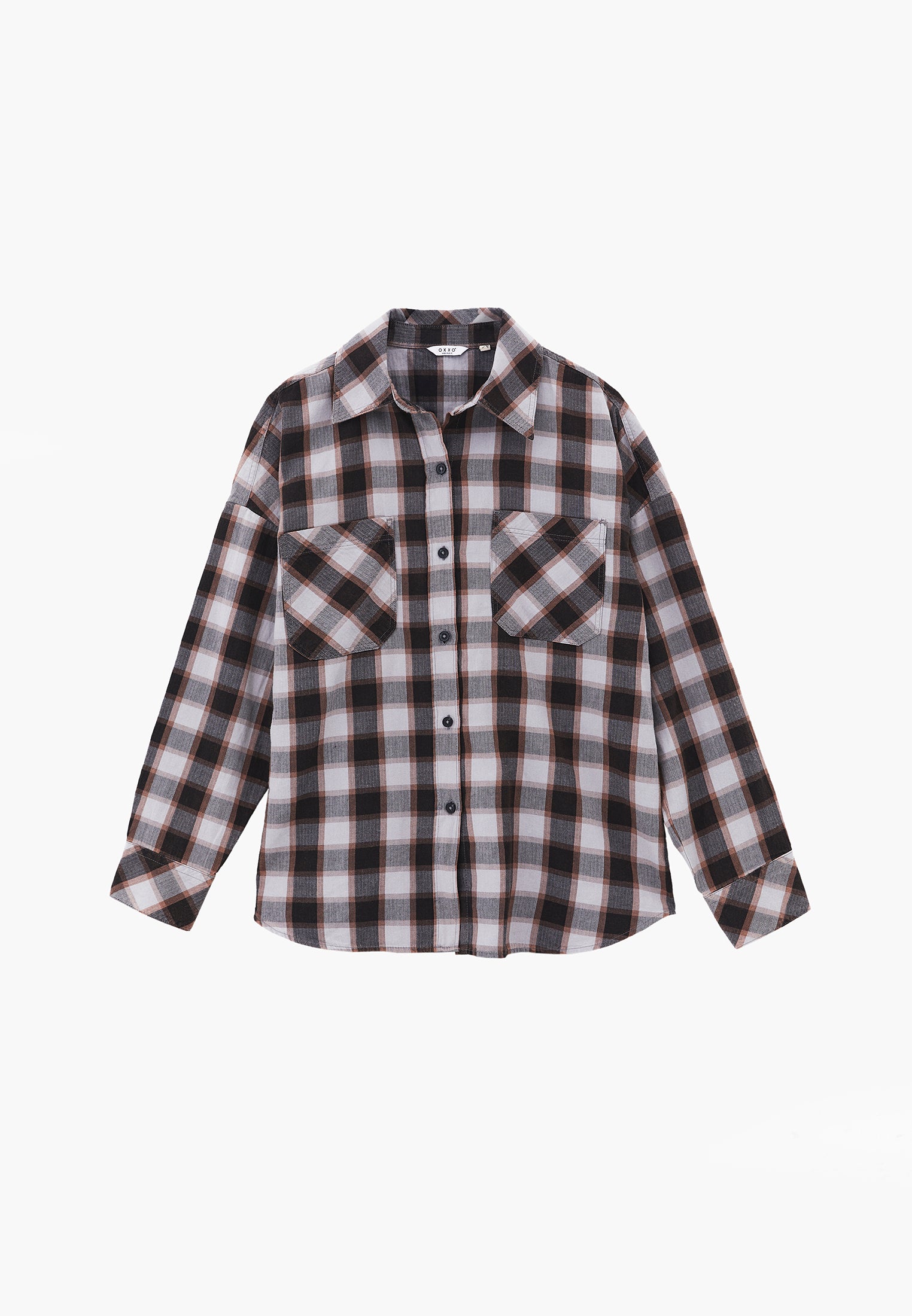 Oversize Short Shirt Collar Long Sleeve Shirt - HONEYSUCKLE CHECK