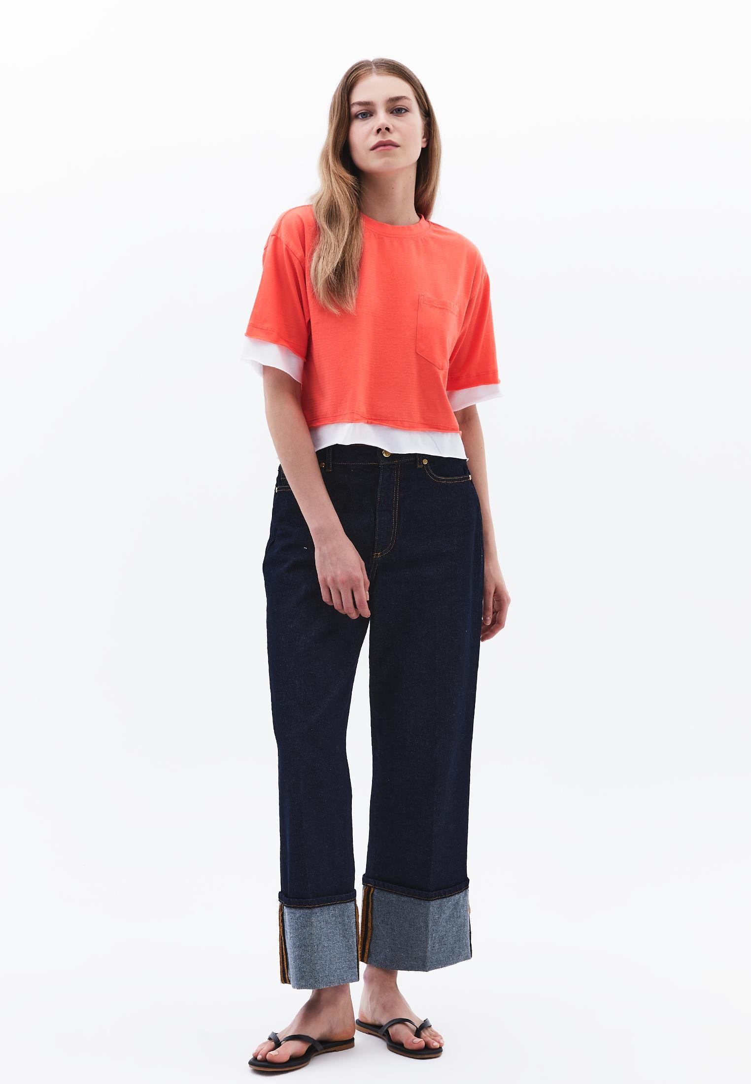 Cropped Crew Neck T-Shirt - HOT CORAL