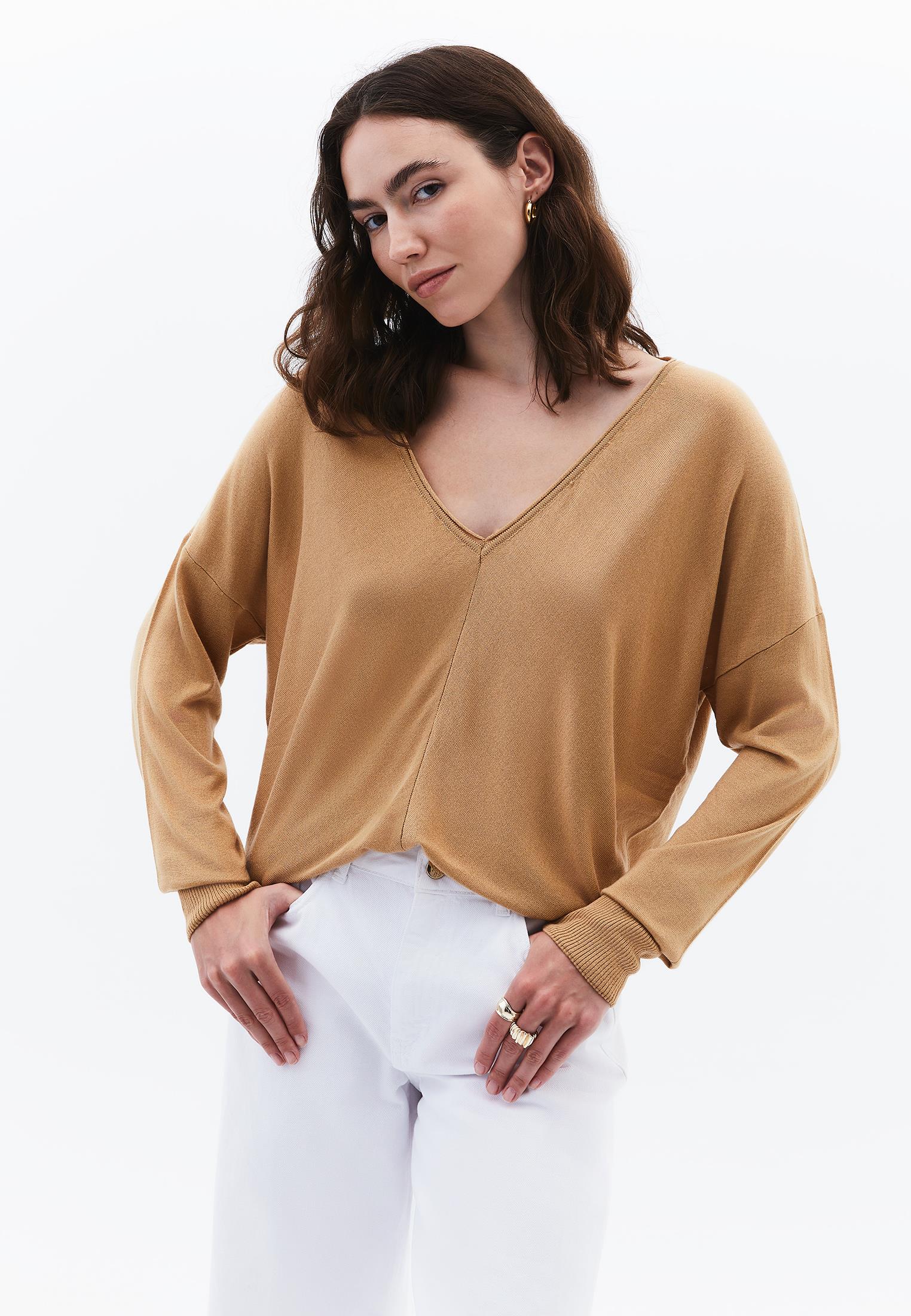 V Neck Long Sleeve Sweater - ICED COFFEE