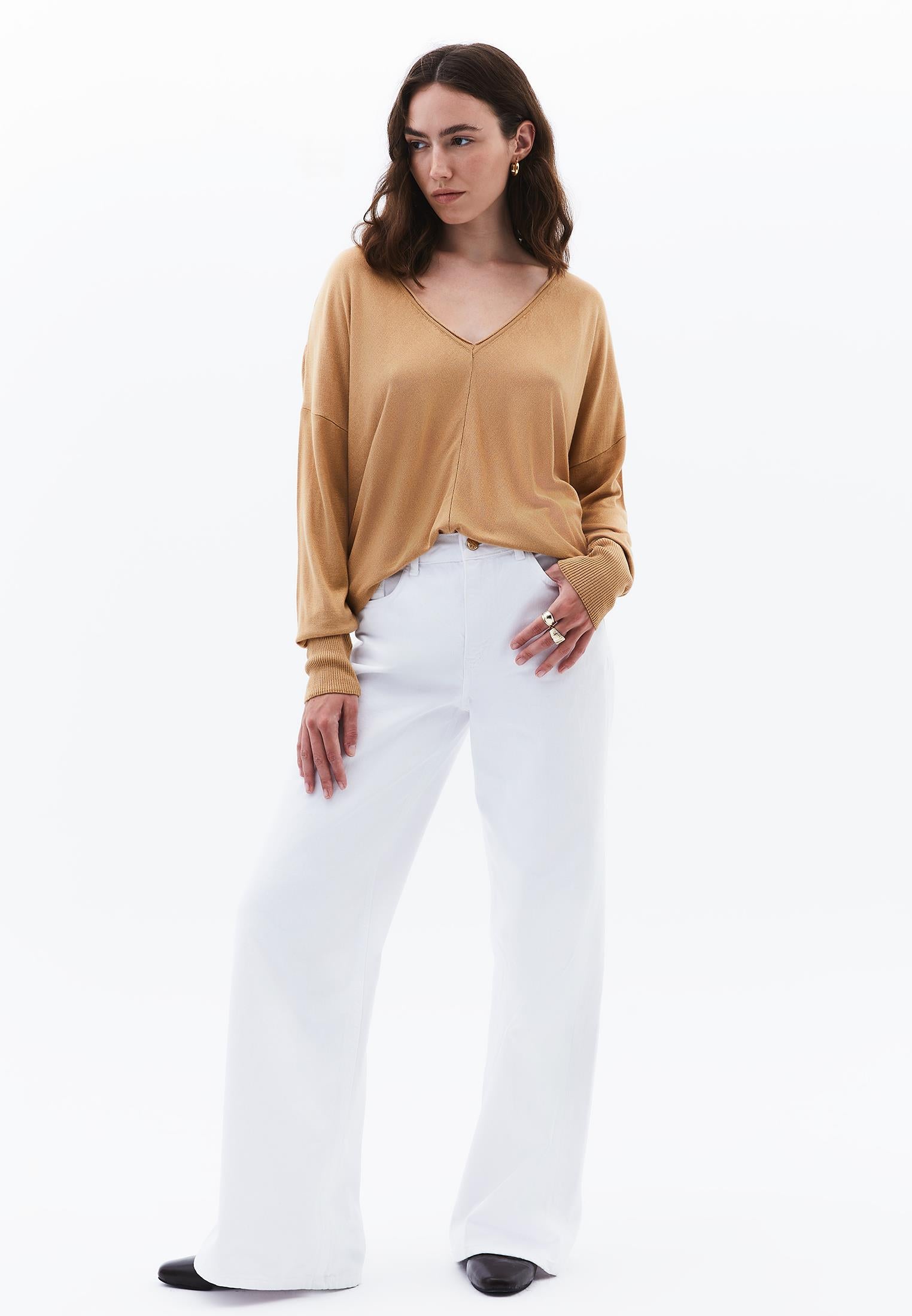 V Neck Long Sleeve Sweater - ICED COFFEE