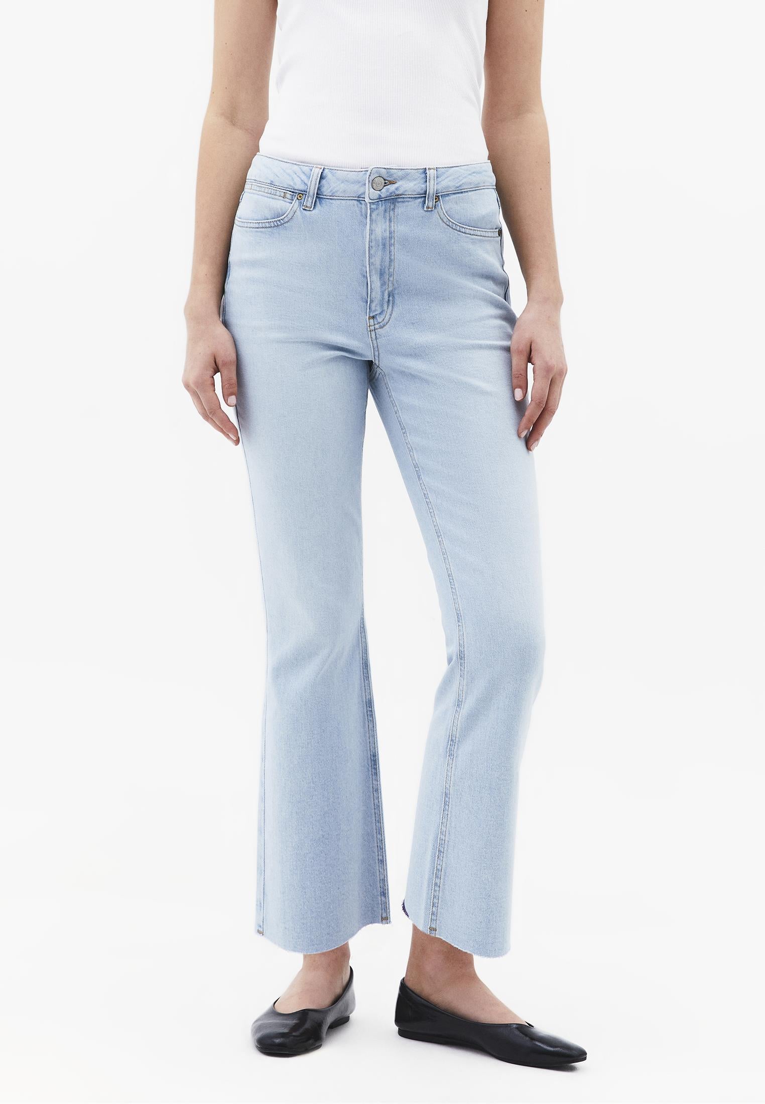 High Waist Pocketed Short Flared Leg Pants - ICE BLUE DENIM