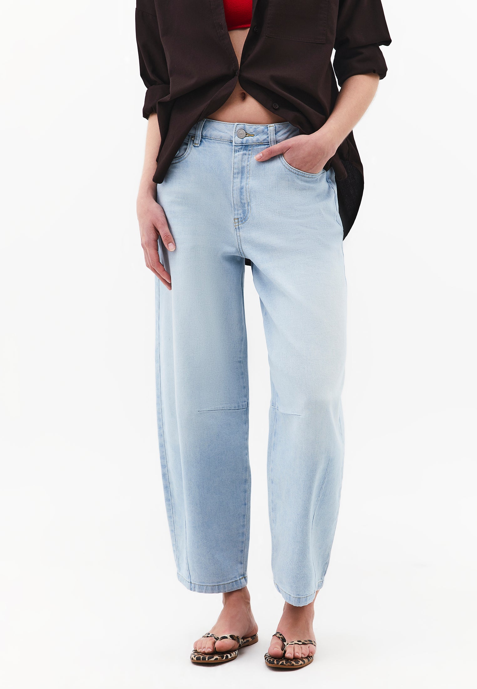 Barrel Cut Pants With Slit Detail - ICE BLUE DENIM