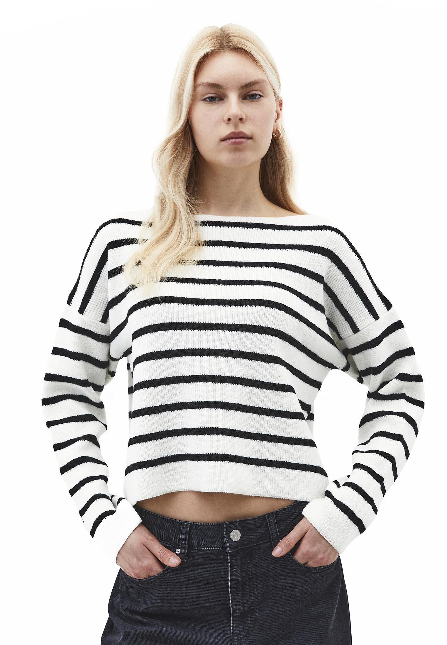 Boat Neck Striped Sweater - BLACK/ICE MILK