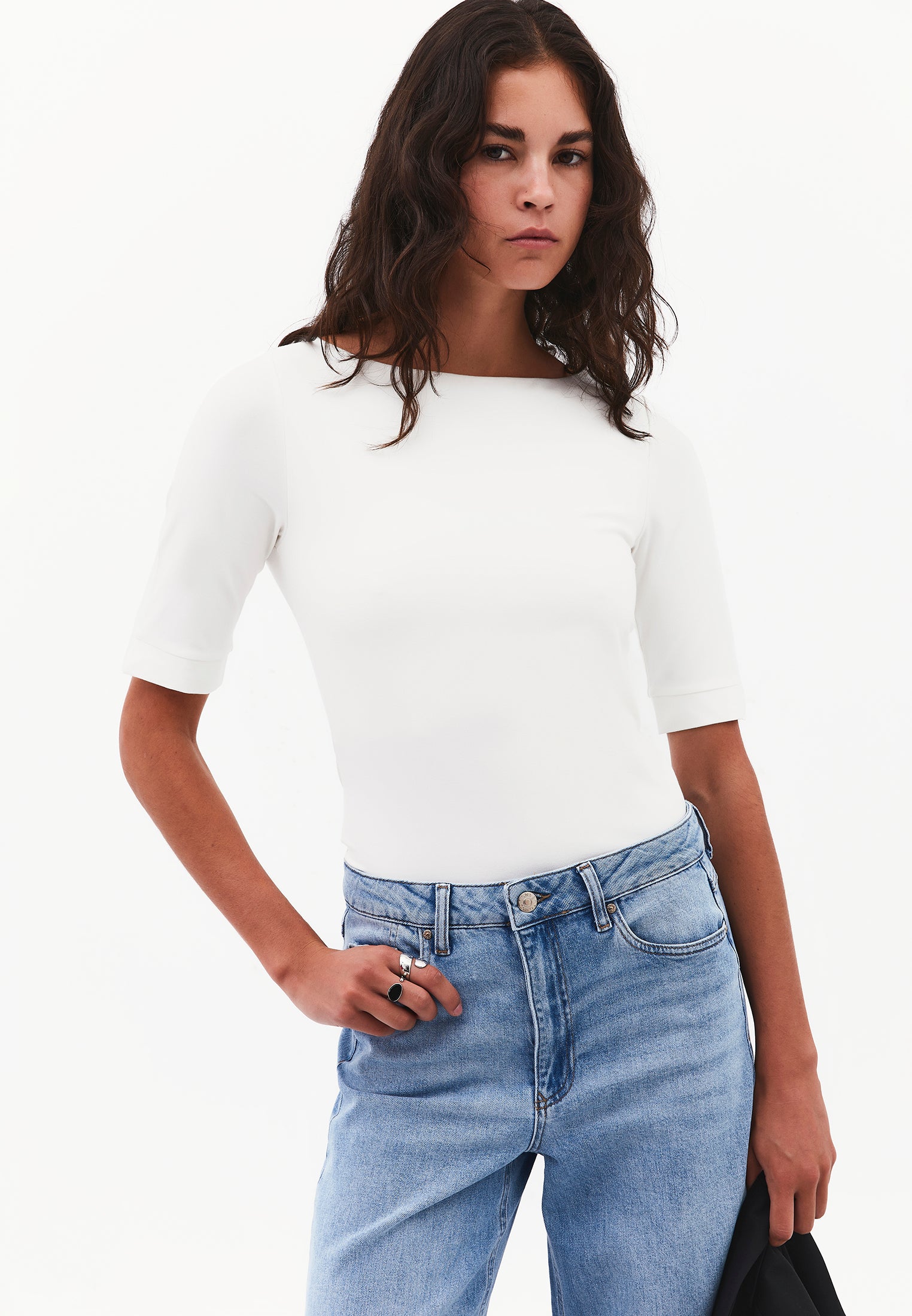 Boat Neck Half Sleeve Bodycon T-Shirt - ICE MILK