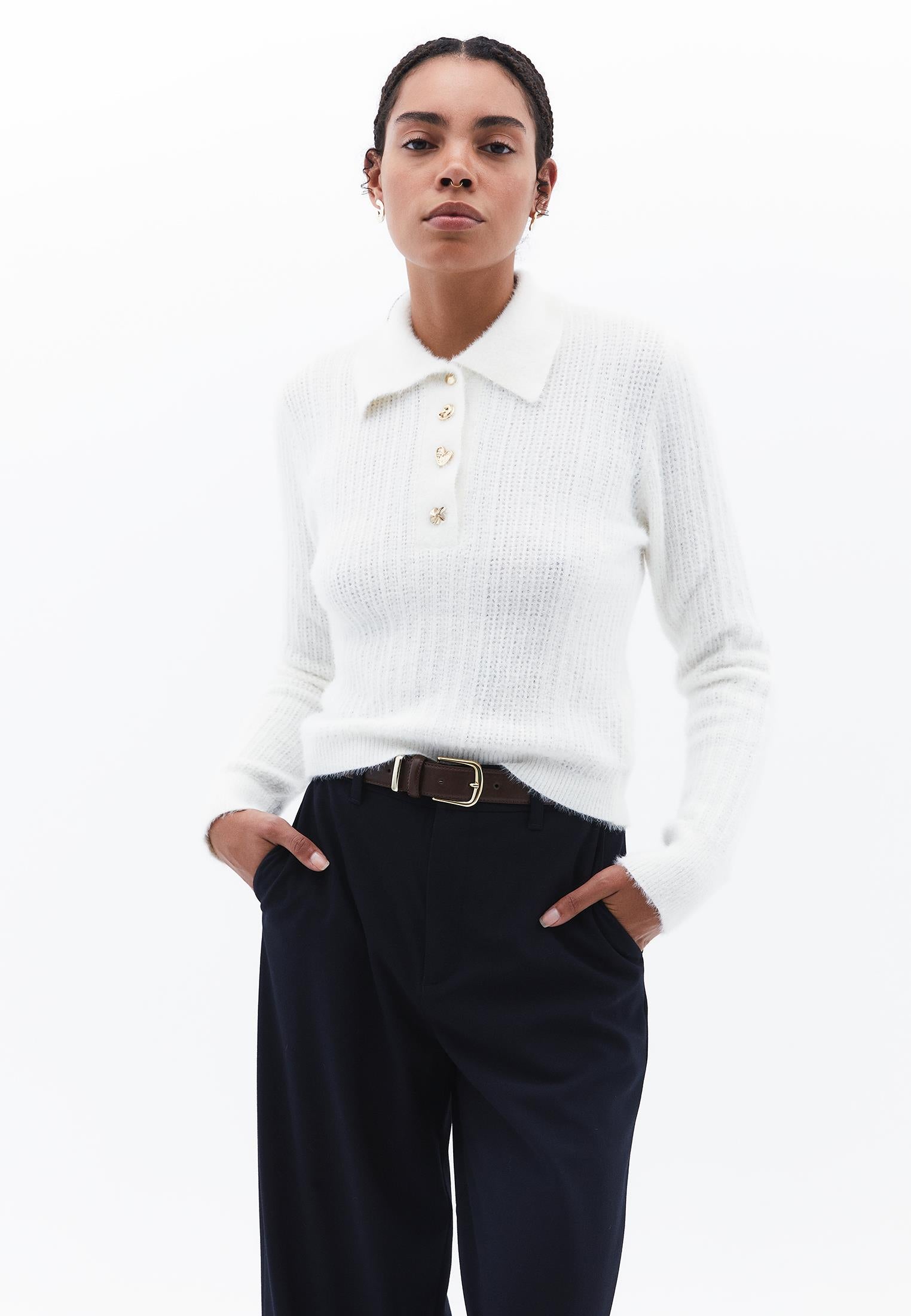 Sweater With Polo Collar And Knit Details - ICE MILK