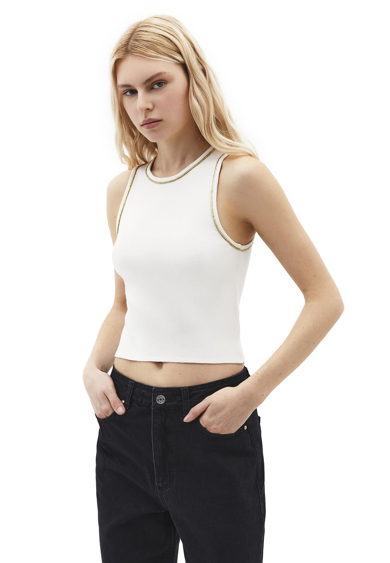 Glittery Crew Neck Sleeveless Tank Top - ICE MILK