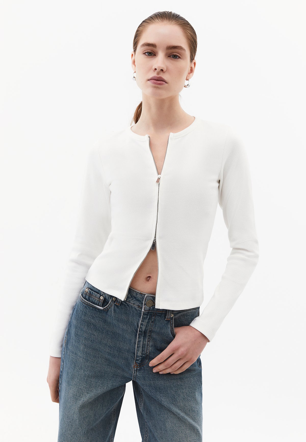 Crew Neck Long Sleeve Zip Detailed Bodycon T-Shirt - ICE MILK