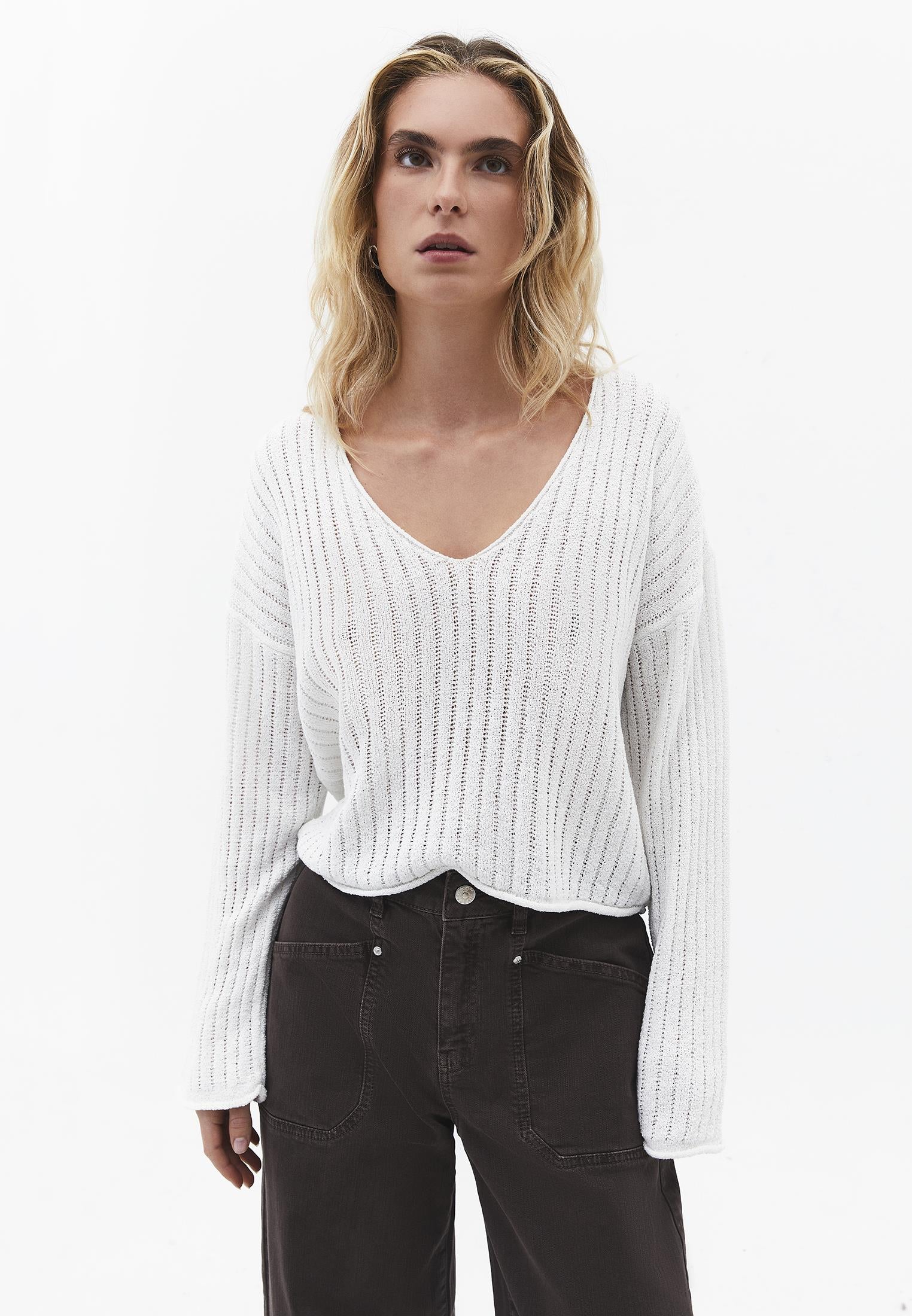 Ribbed V-Neck Long Sleeve Sweater - ICE MILK