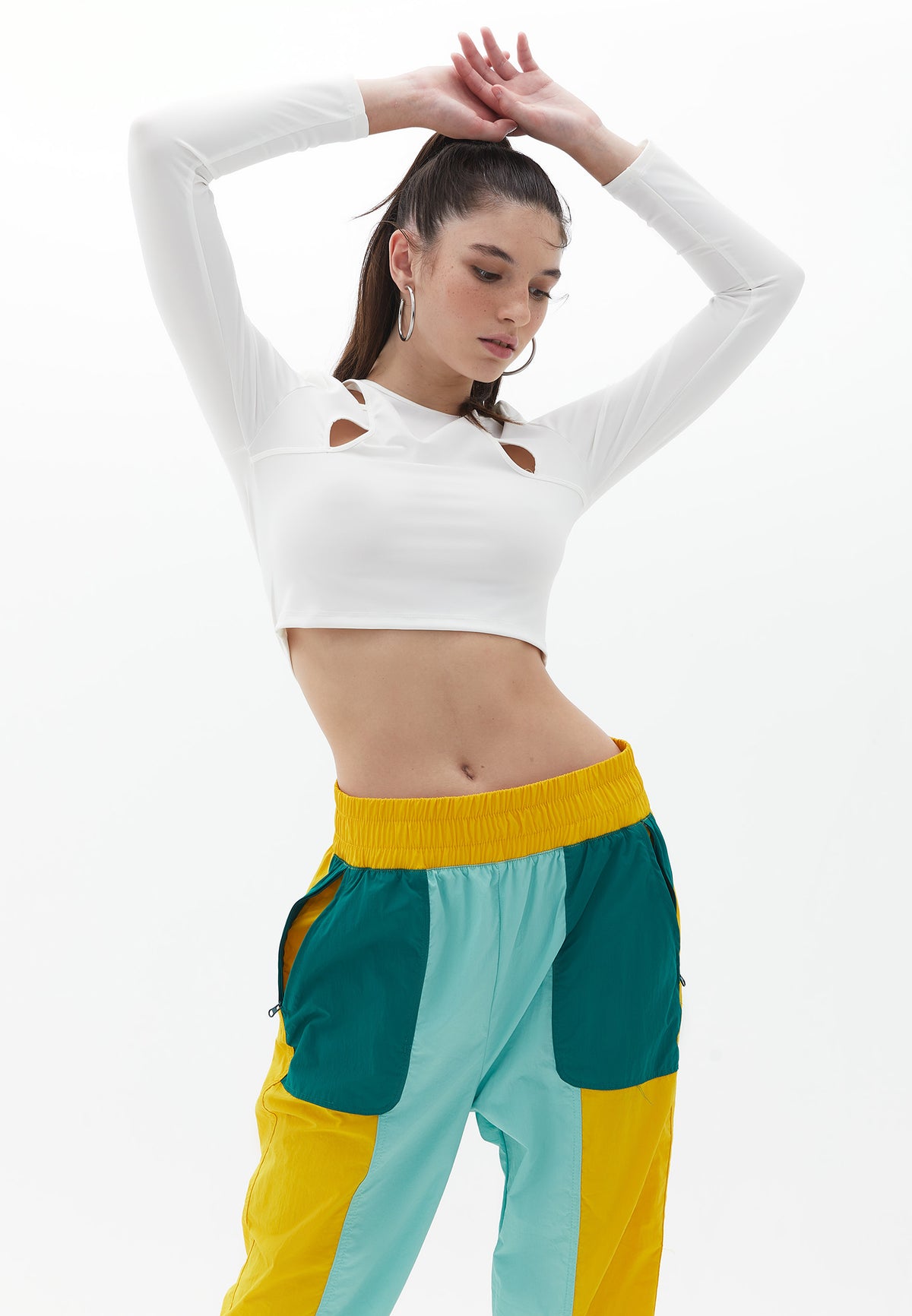 Asymmetric Neck Long Sleeve Cropped T-Shirt - ICE MILK